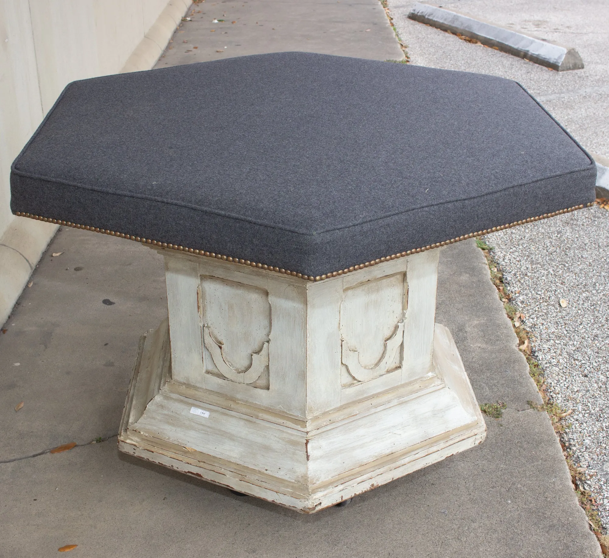 Antique French Ecclesial Hexagonal-Shaped Ottoman with Gray Wool Upholstery