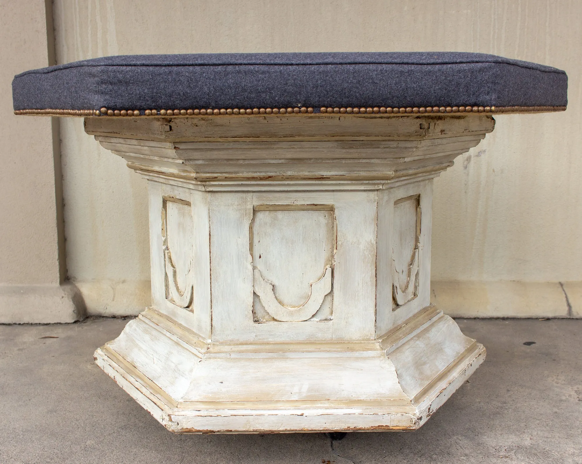 Antique French Ecclesial Hexagonal-Shaped Ottoman with Gray Wool Upholstery