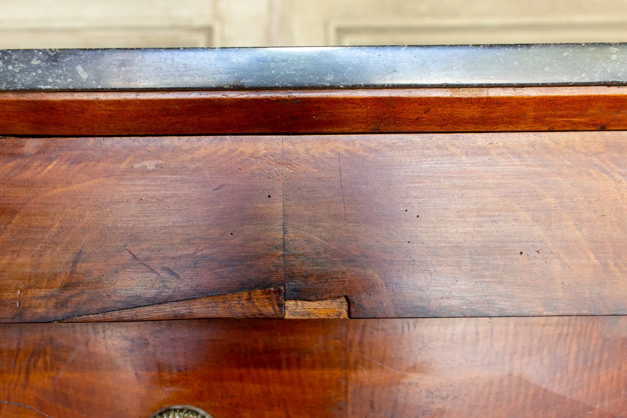 Antique French Empire Style Chest with Fossilized Marble Top & Lion Hardware