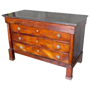 Antique French Empire Style Chest with Fossilized Marble Top & Lion Hardware
