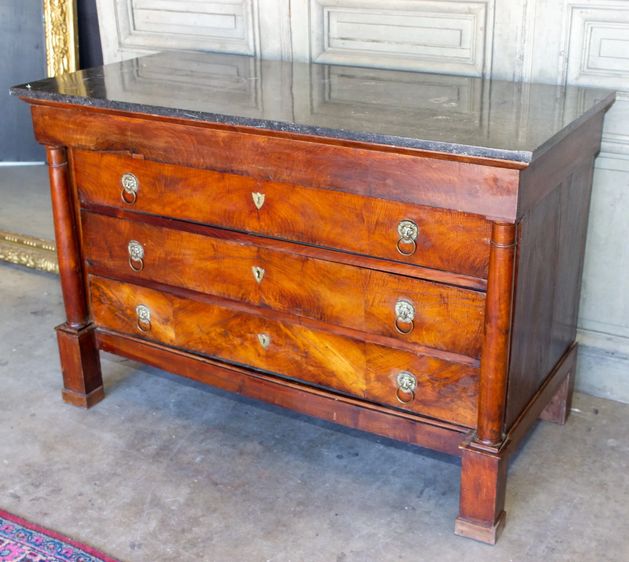 Antique French Empire Style Chest with Fossilized Marble Top & Lion Hardware