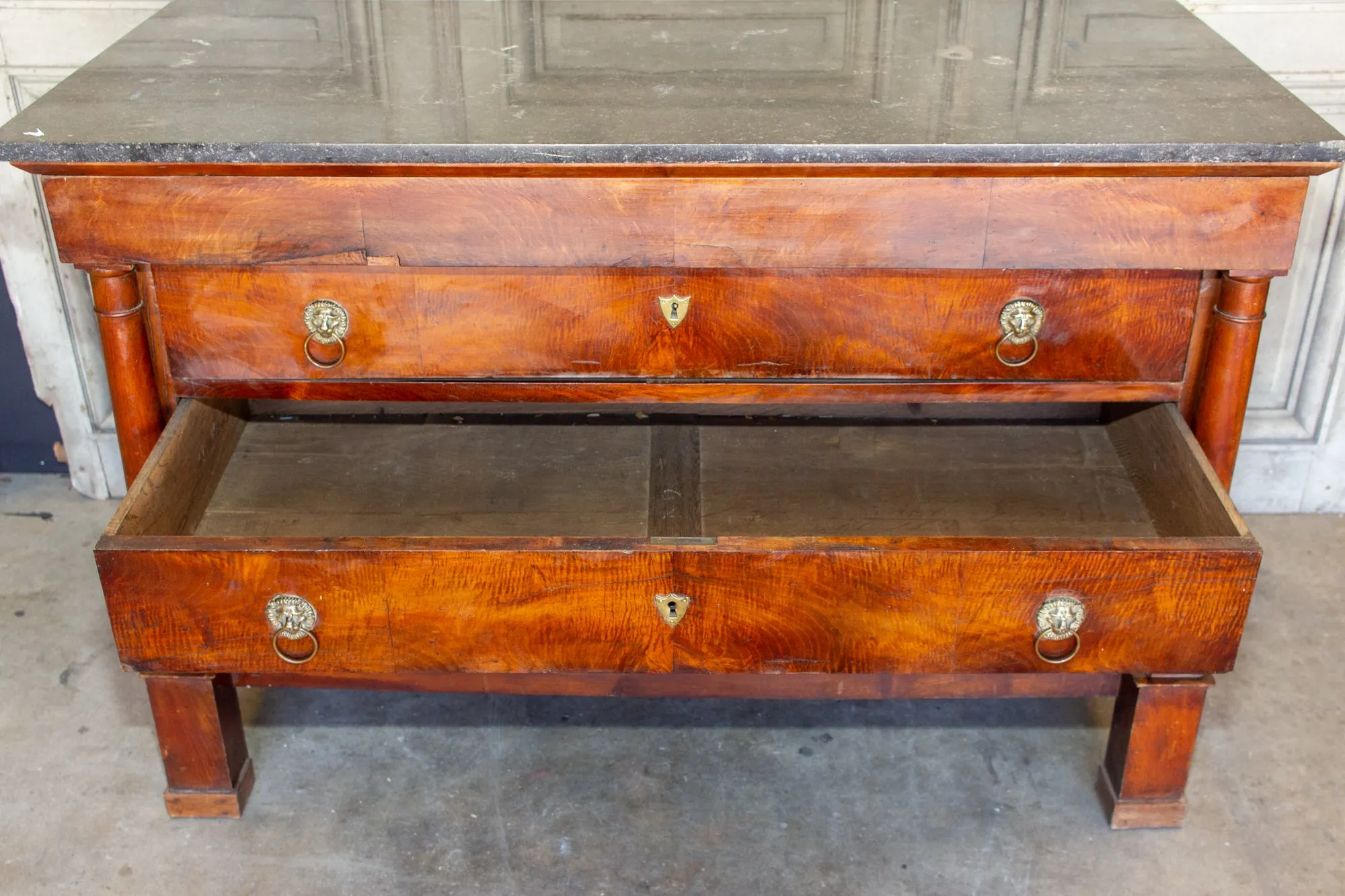 Antique French Empire Style Chest with Fossilized Marble Top & Lion Hardware