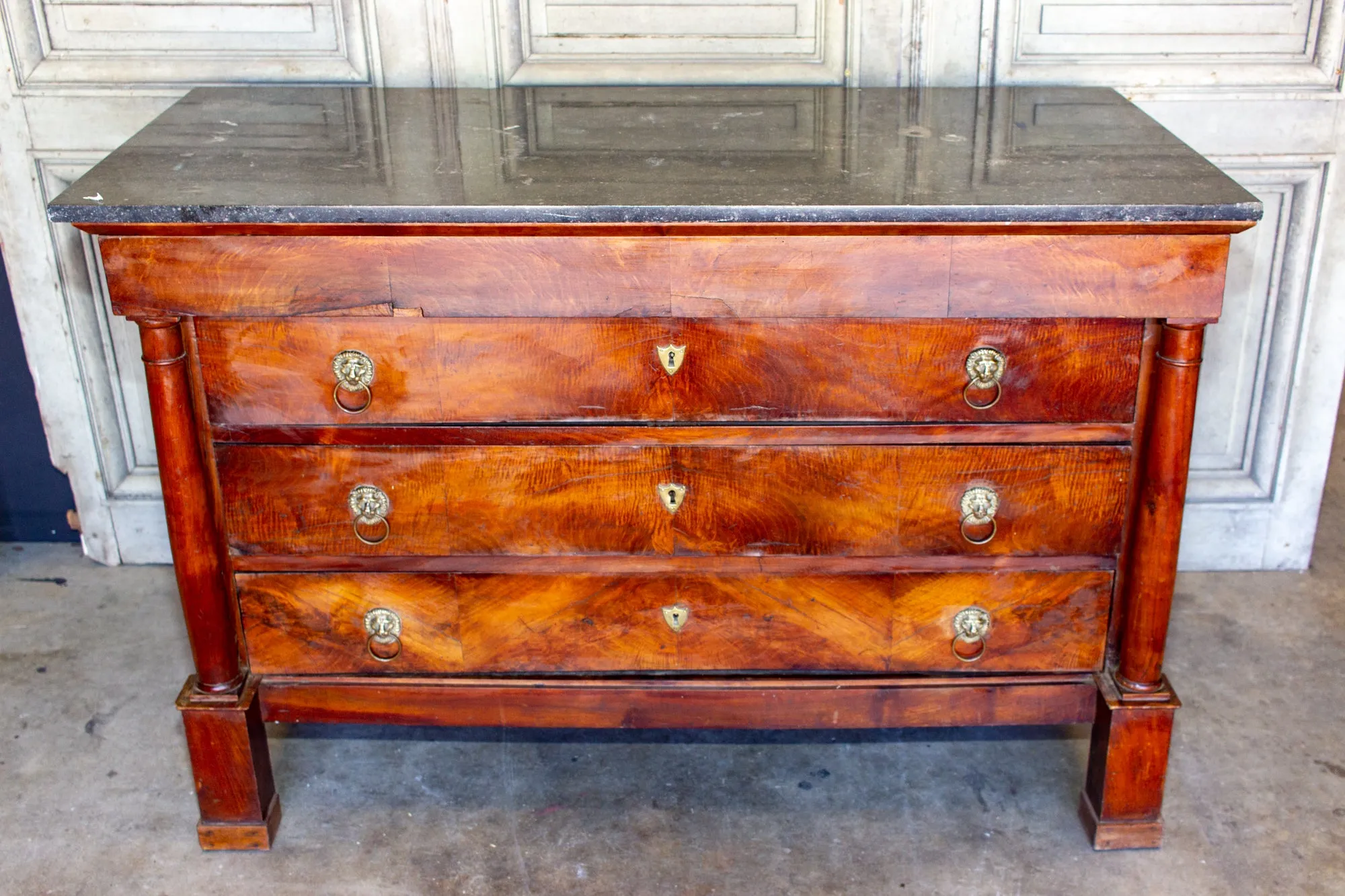 Antique French Empire Style Chest with Fossilized Marble Top & Lion Hardware