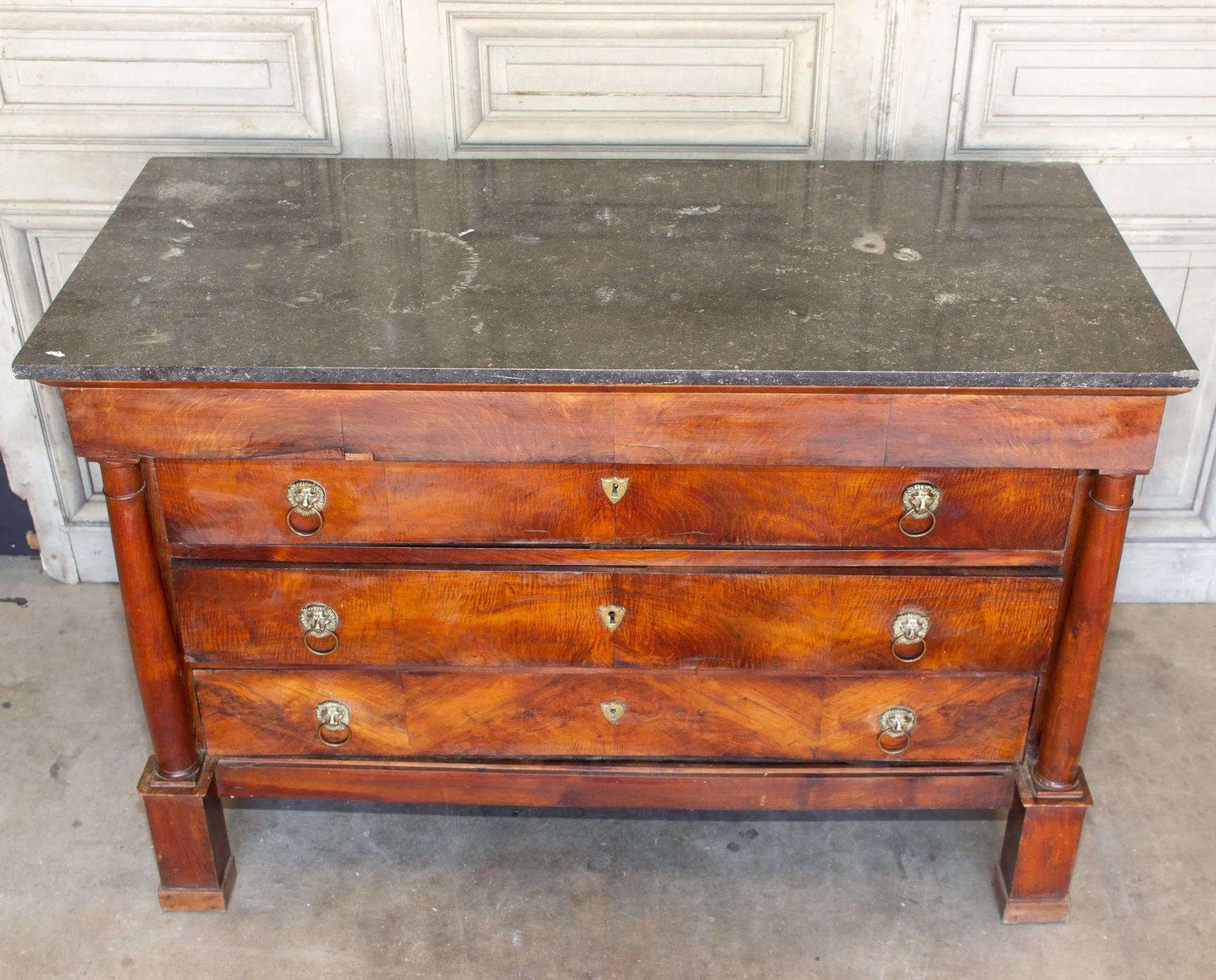 Antique French Empire Style Chest with Fossilized Marble Top & Lion Hardware