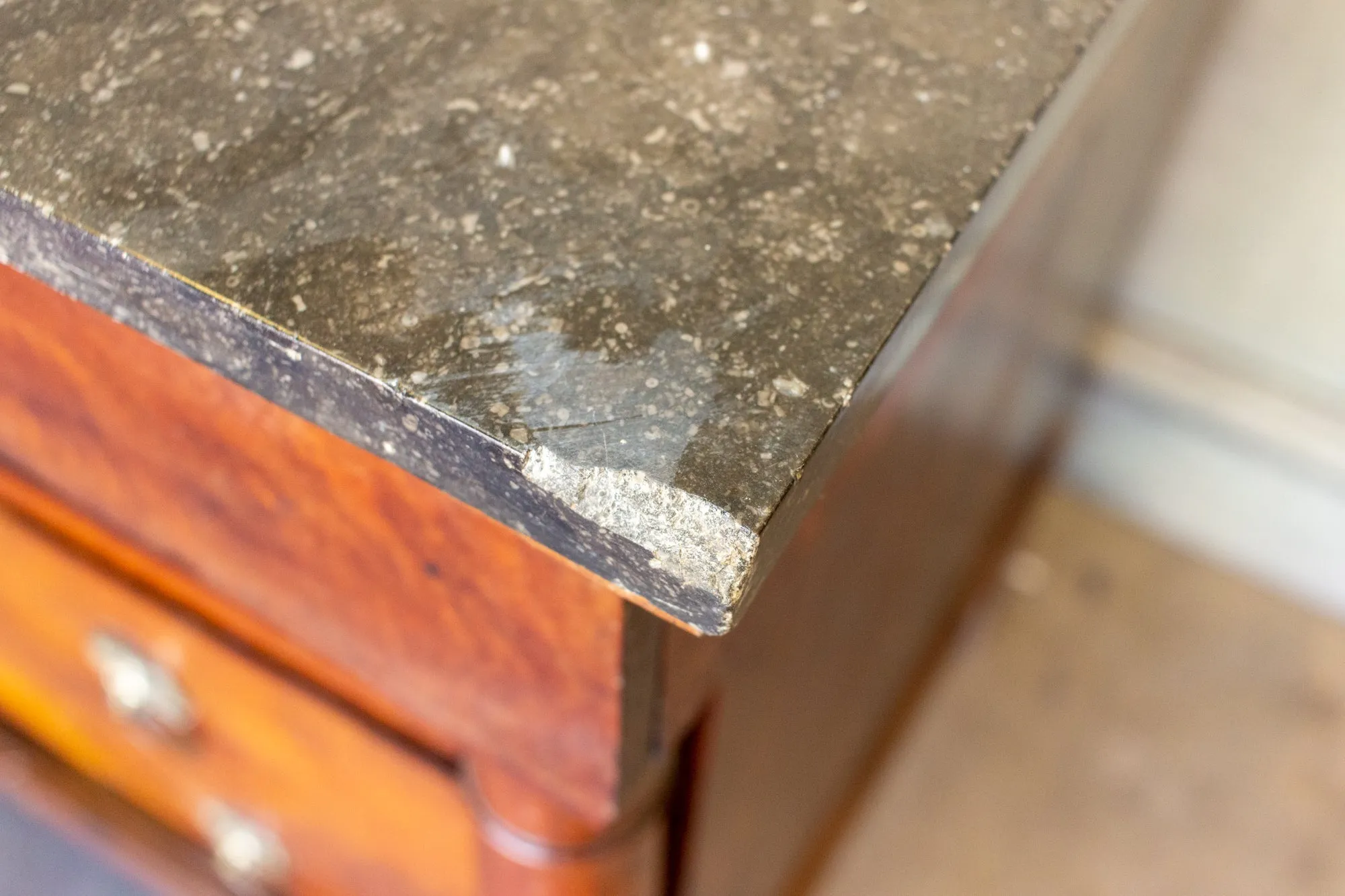 Antique French Empire Style Chest with Fossilized Marble Top & Lion Hardware