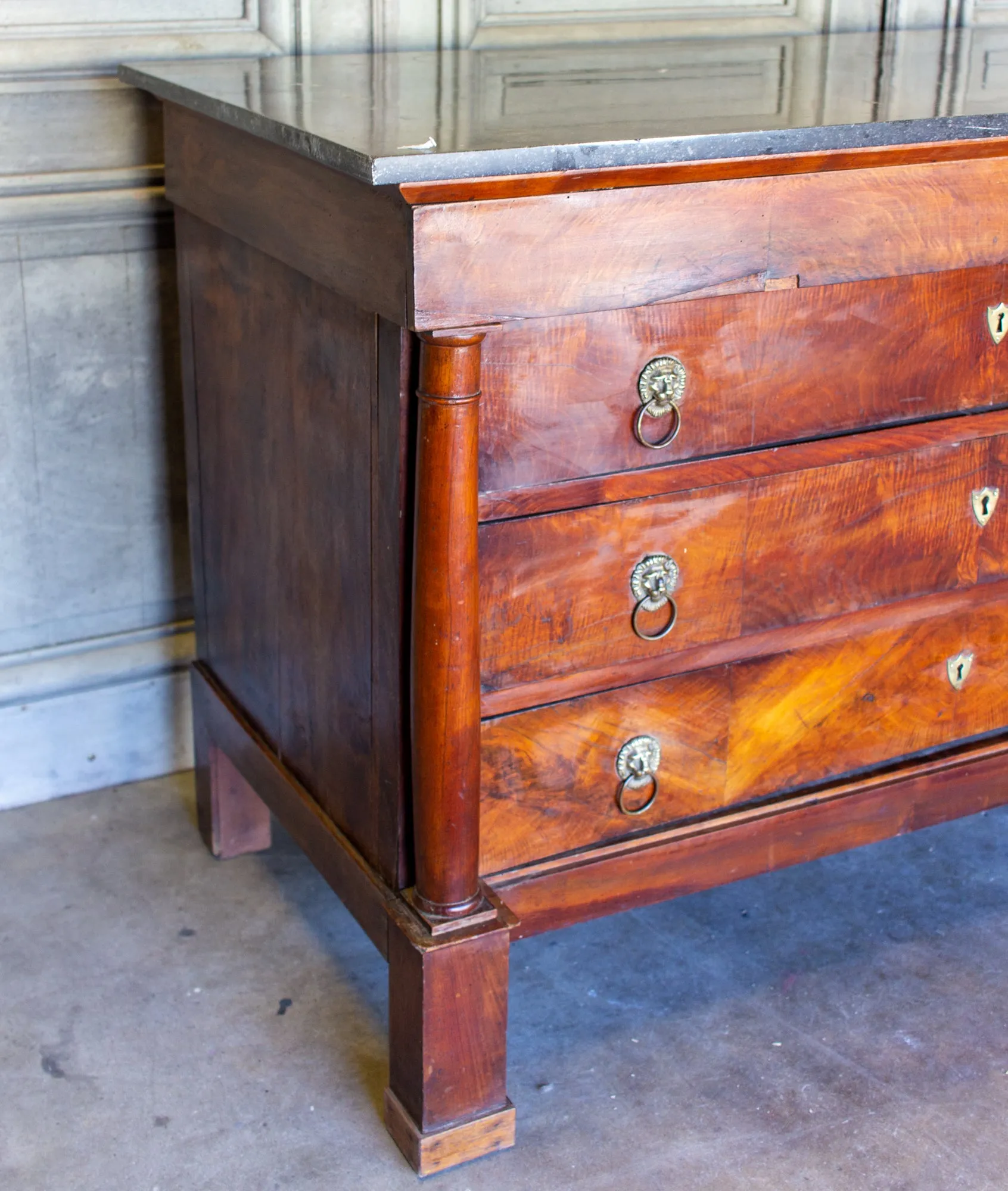 Antique French Empire Style Chest with Fossilized Marble Top & Lion Hardware