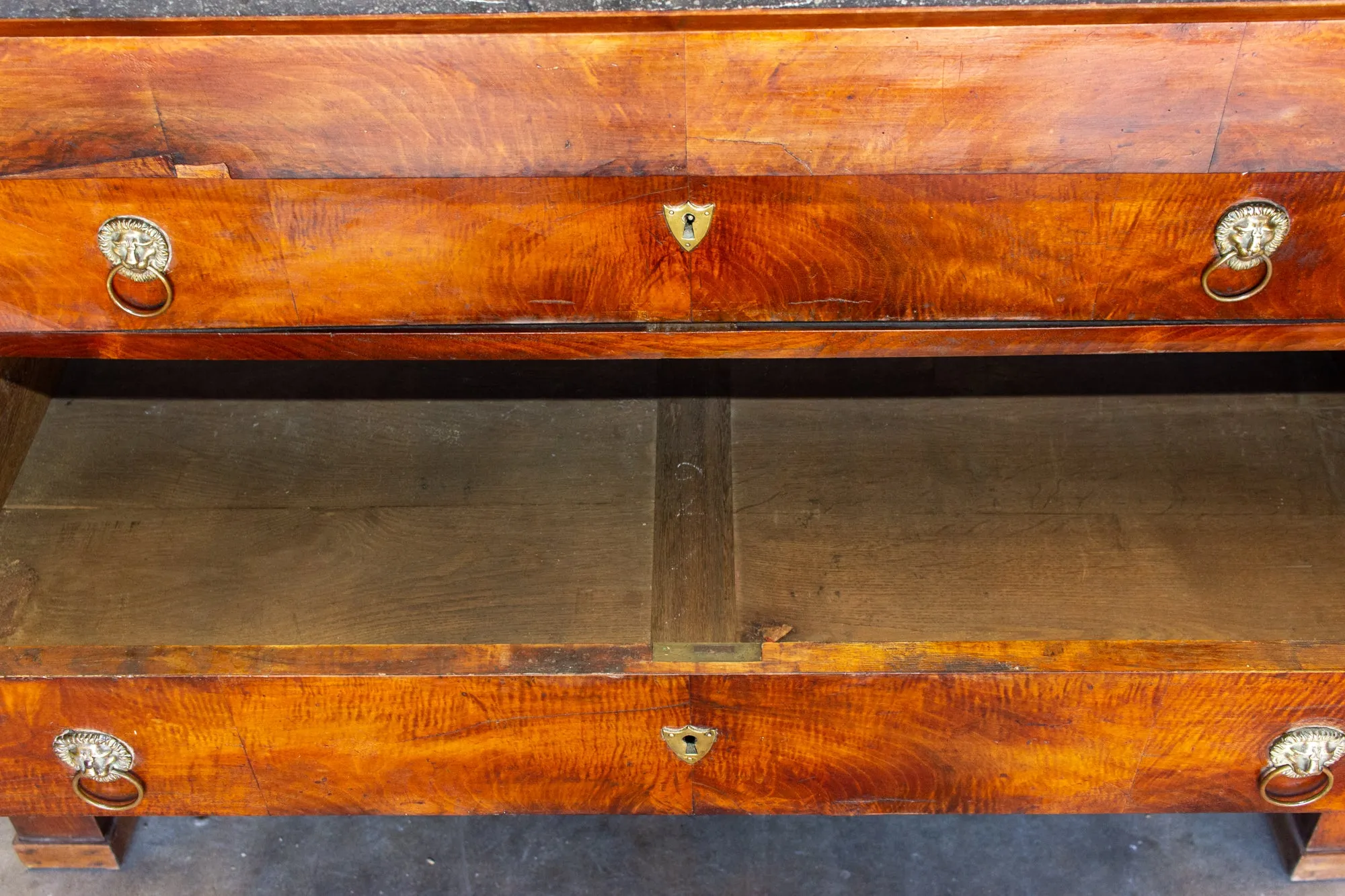Antique French Empire Style Chest with Fossilized Marble Top & Lion Hardware