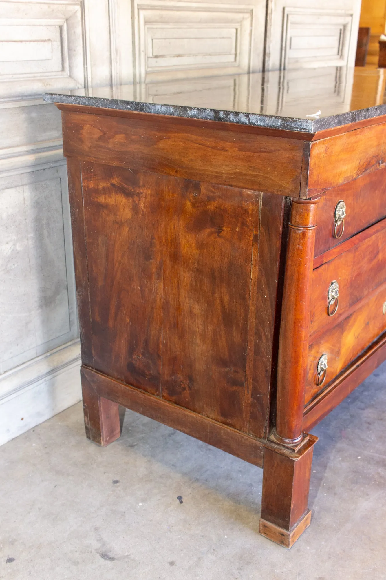 Antique French Empire Style Chest with Fossilized Marble Top & Lion Hardware