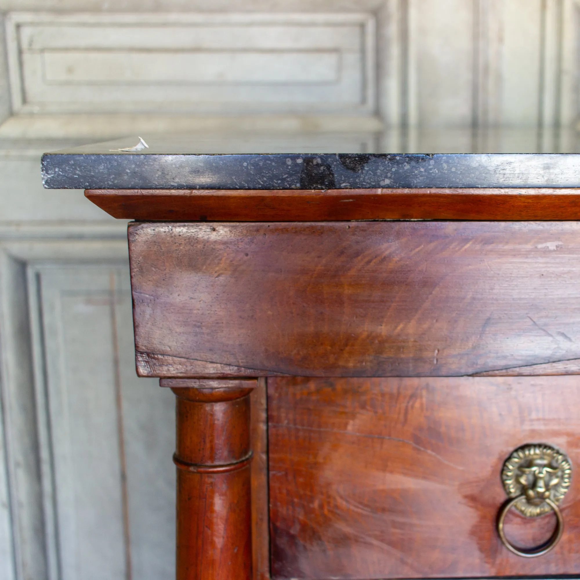 Antique French Empire Style Chest with Fossilized Marble Top & Lion Hardware