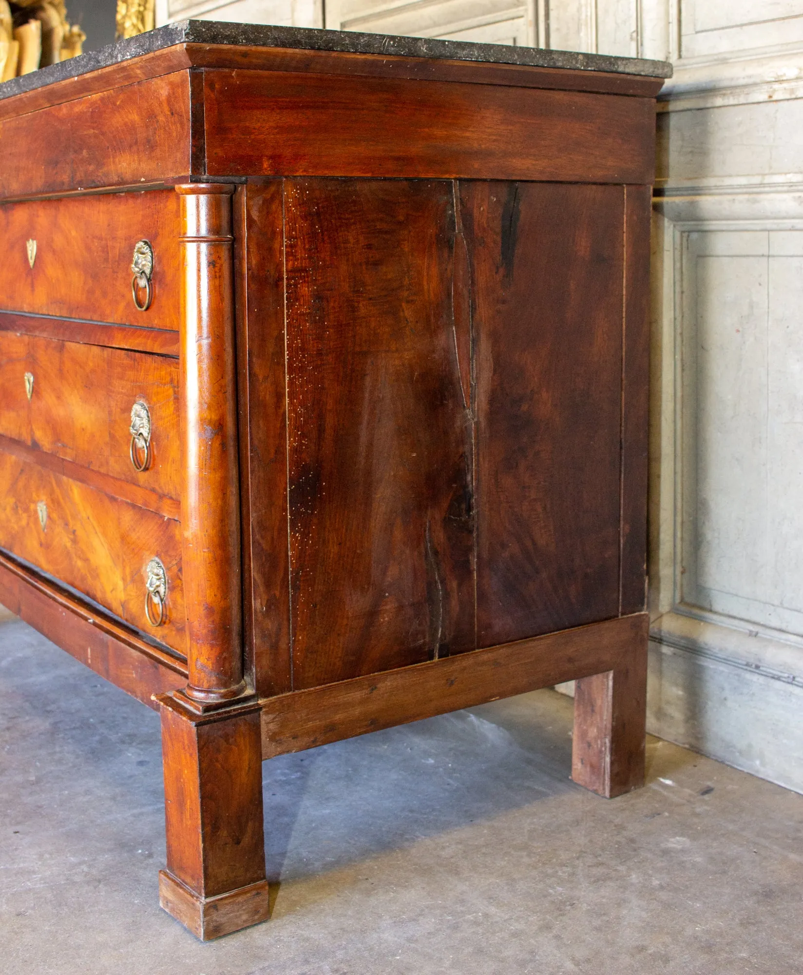 Antique French Empire Style Chest with Fossilized Marble Top & Lion Hardware