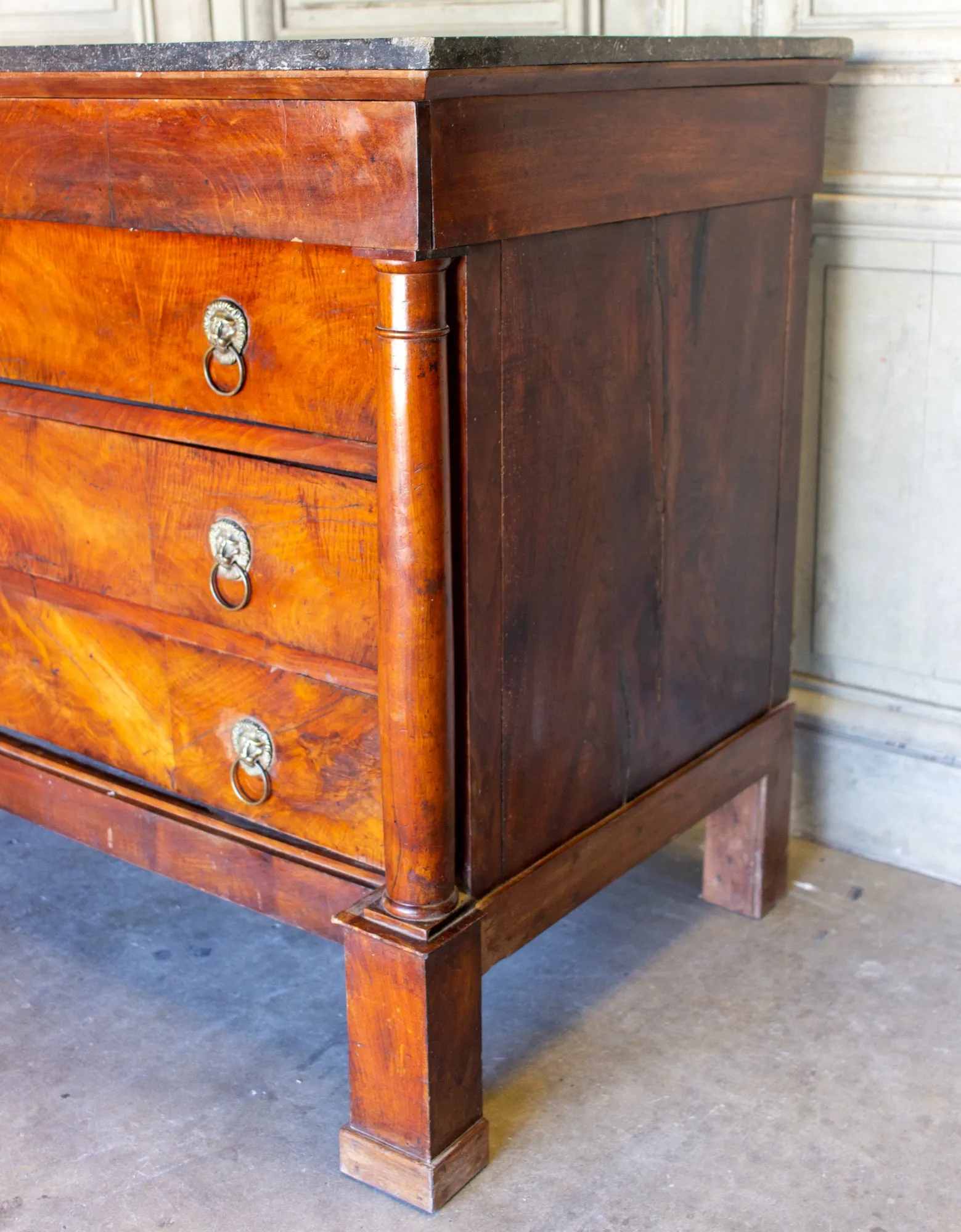 Antique French Empire Style Chest with Fossilized Marble Top & Lion Hardware
