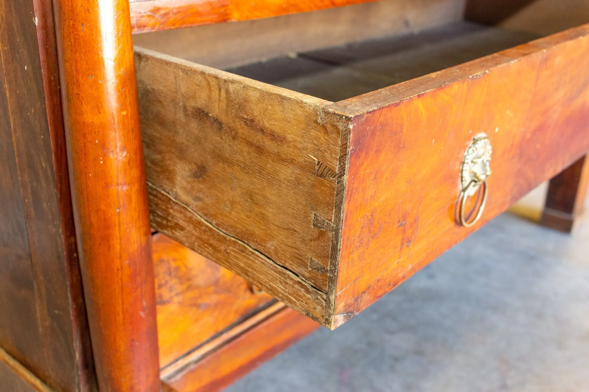 Antique French Empire Style Chest with Fossilized Marble Top & Lion Hardware