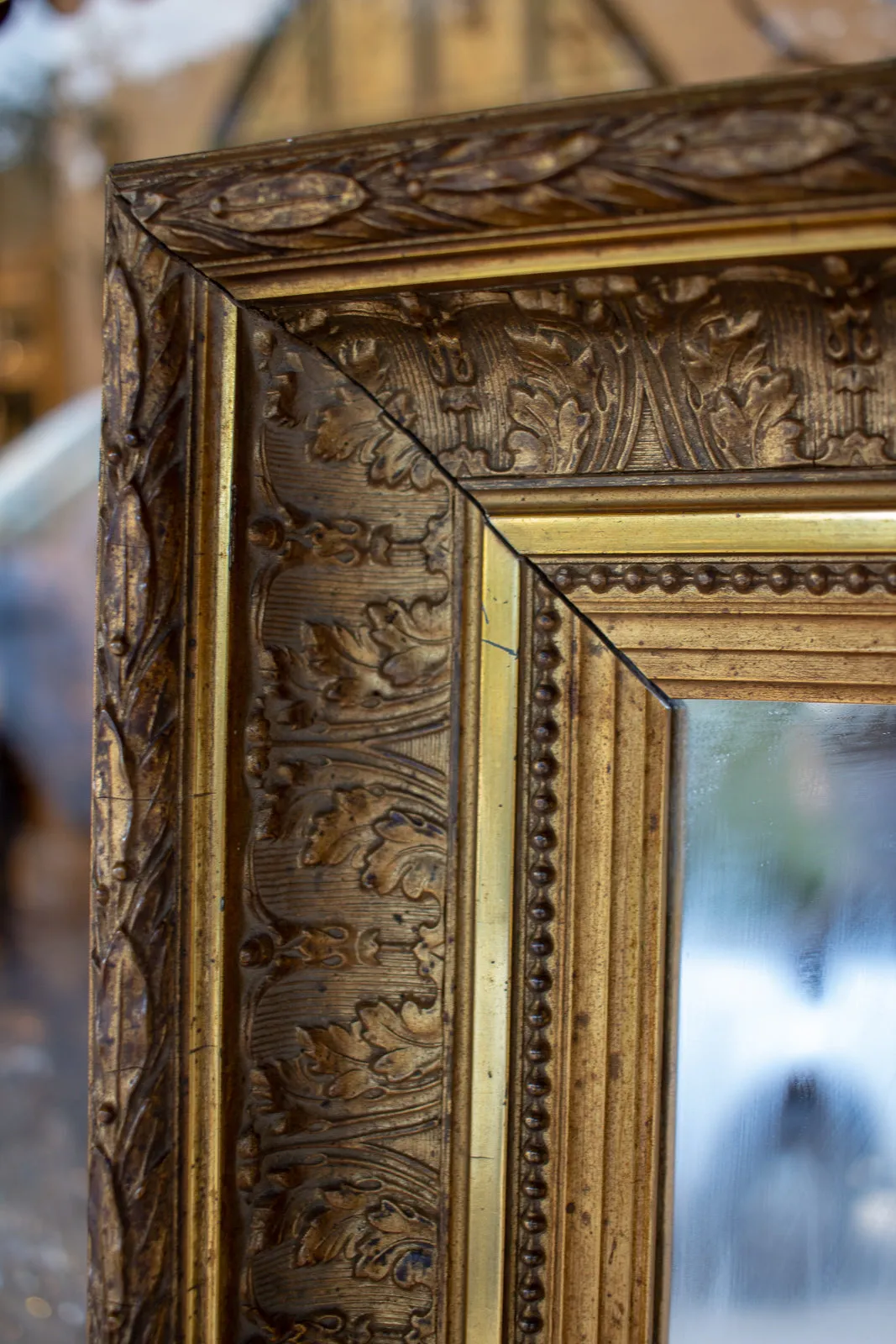 Antique French Gilt Mirror with Leaf Carvings