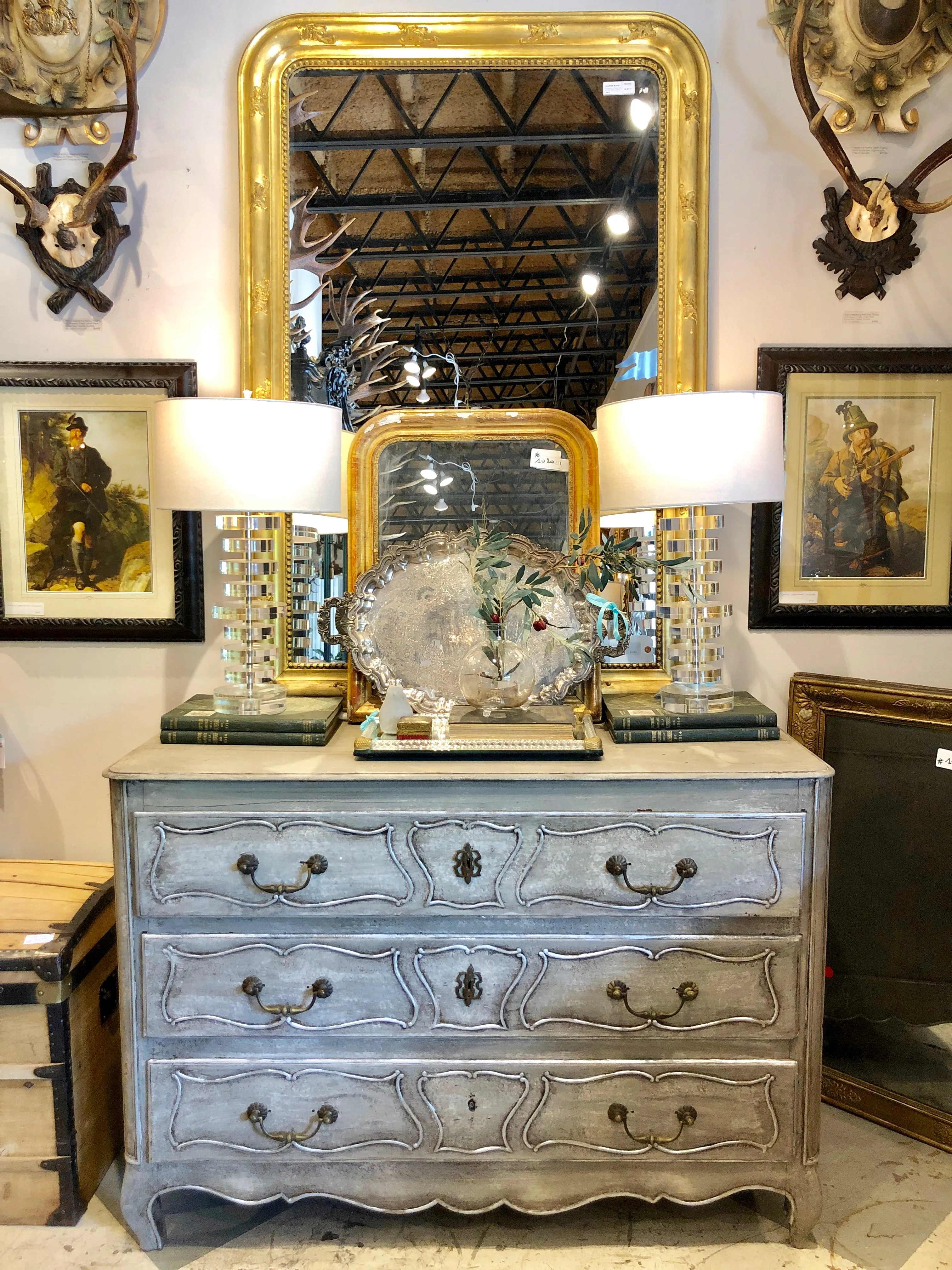 Antique French Hand Painted Commode in Greige and Silver with Carved Drawers