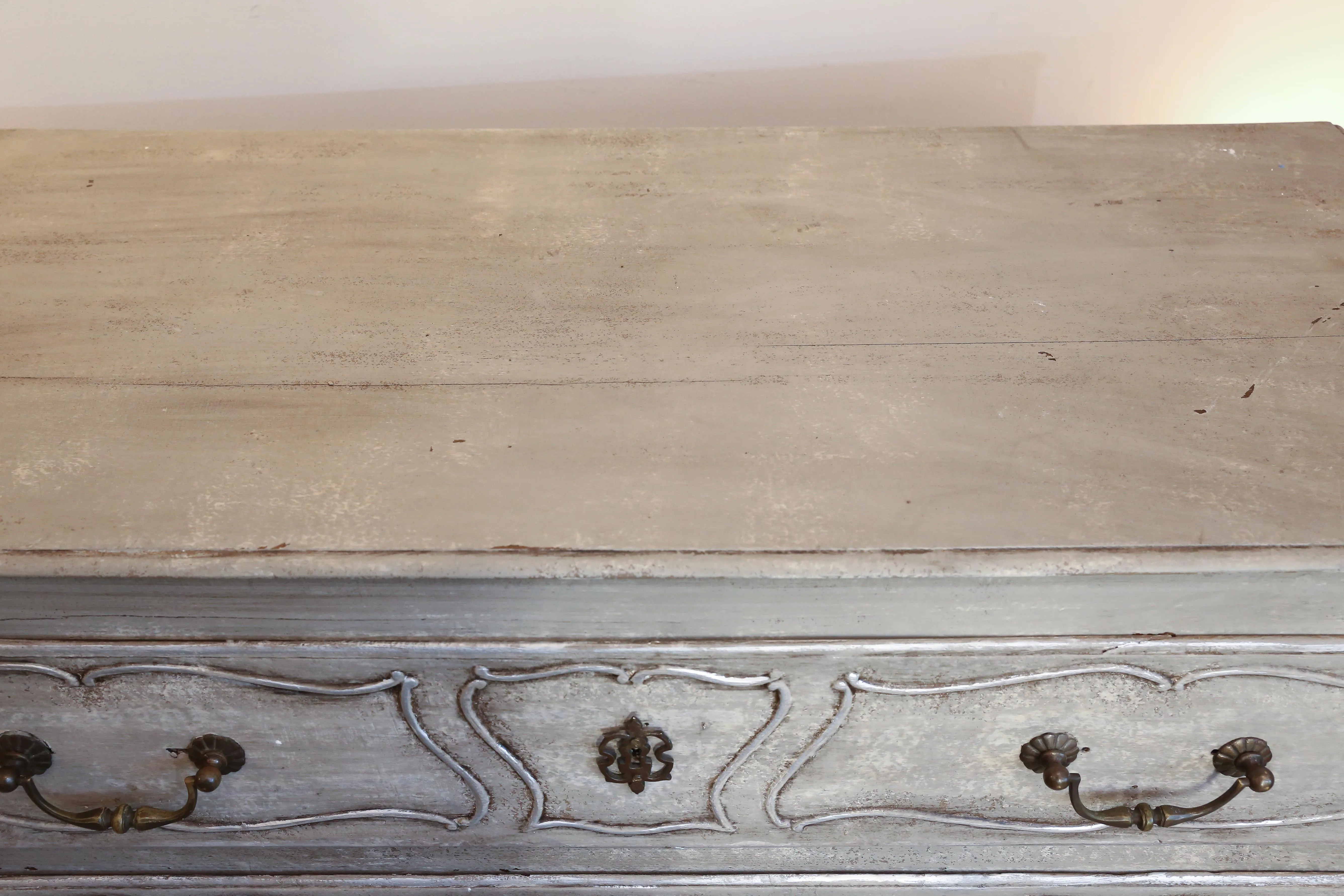 Antique French Hand Painted Commode in Greige and Silver with Carved Drawers