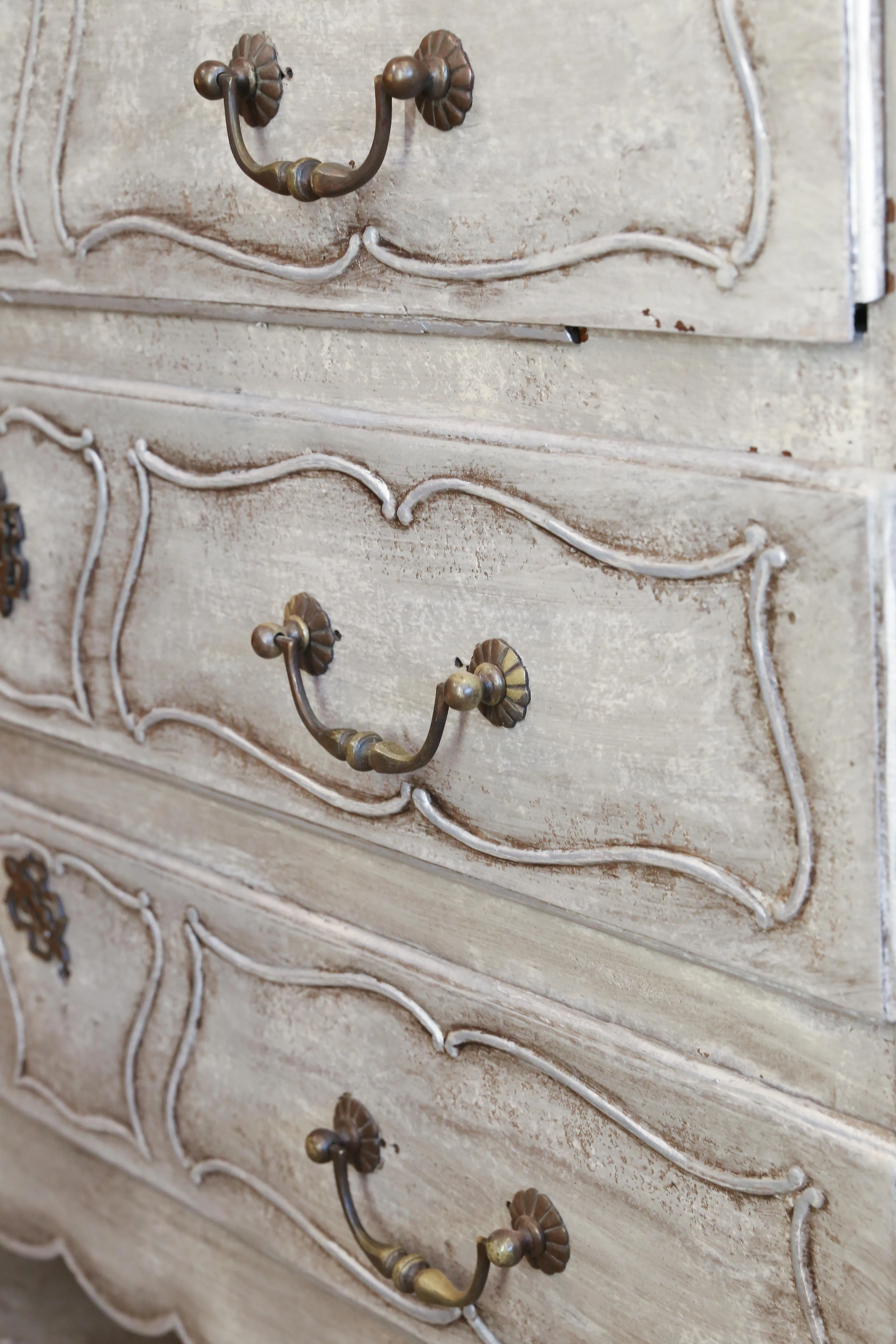 Antique French Hand Painted Commode in Greige and Silver with Carved Drawers