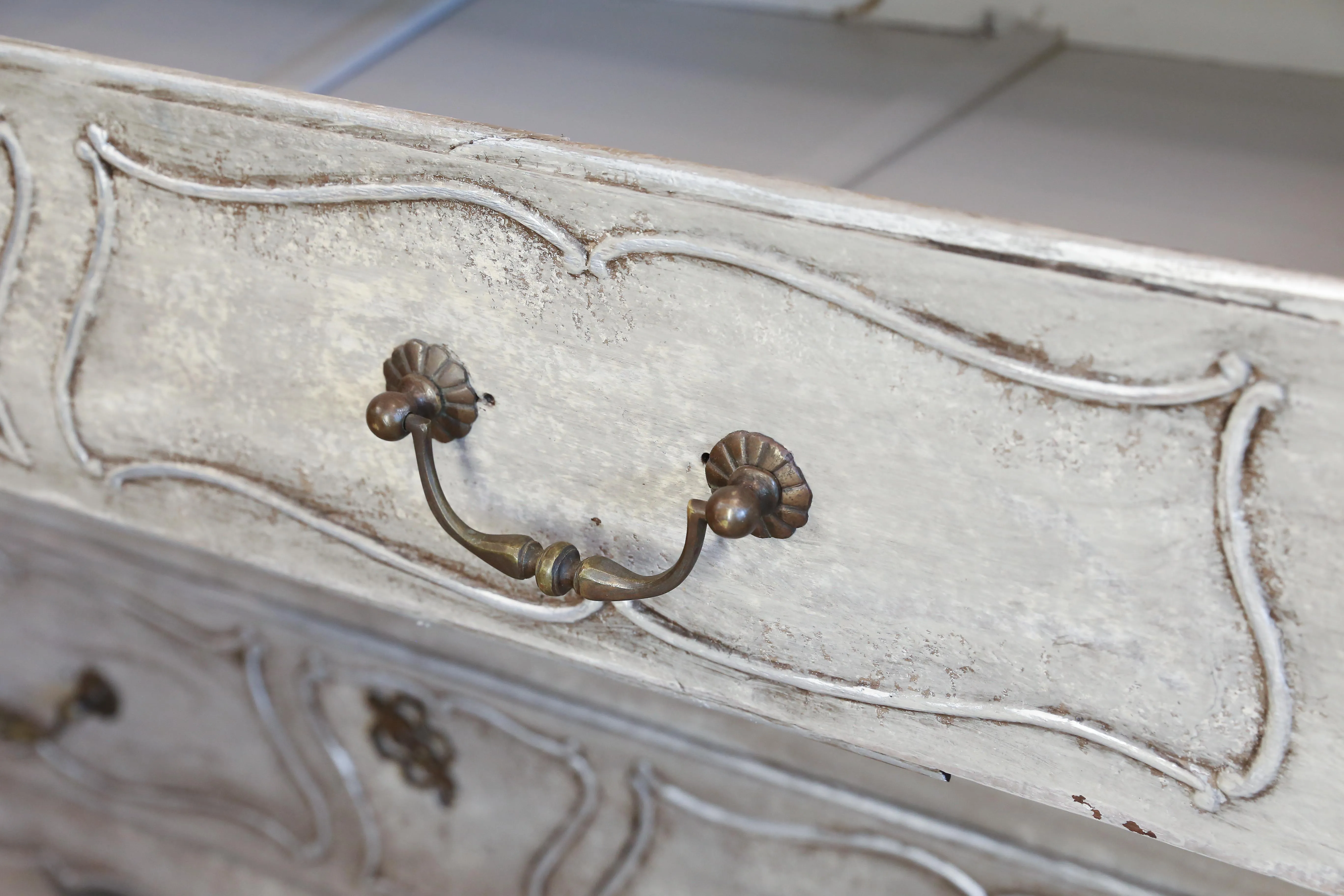 Antique French Hand Painted Commode in Greige and Silver with Carved Drawers