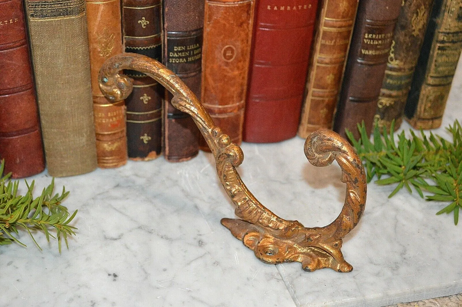 Antique French Hook Large Gilded Iron Ornate Acanthus Scrolls Coat Hat Hook