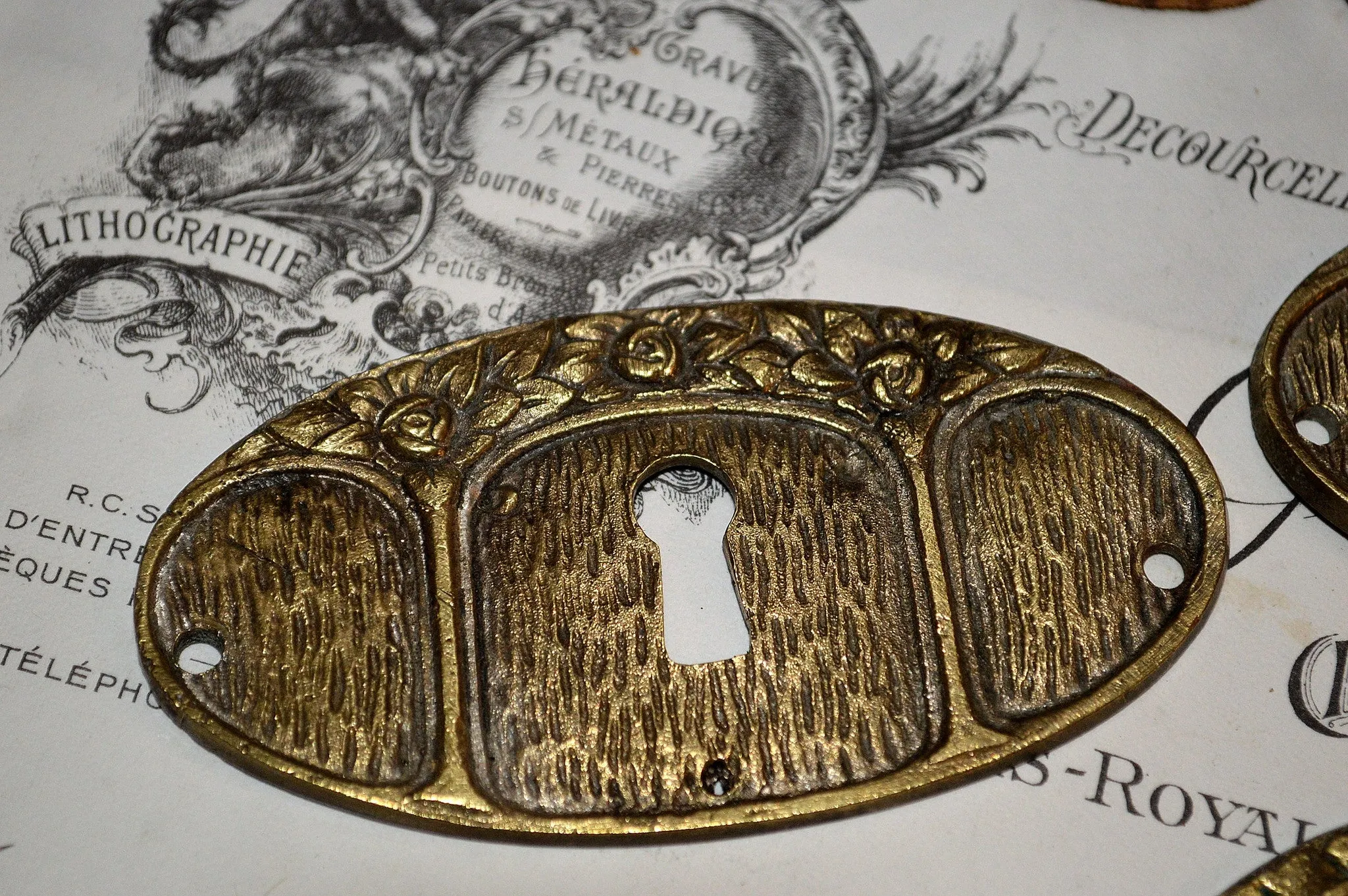 Antique French Keyhole Escutcheon Plate Brass Floral Hardware Sold Individually