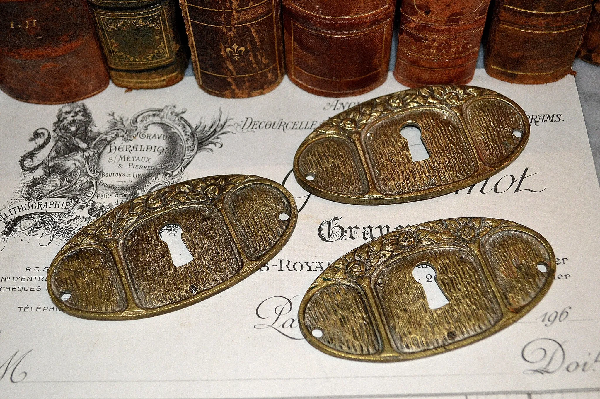 Antique French Keyhole Escutcheon Plate Brass Floral Hardware Sold Individually
