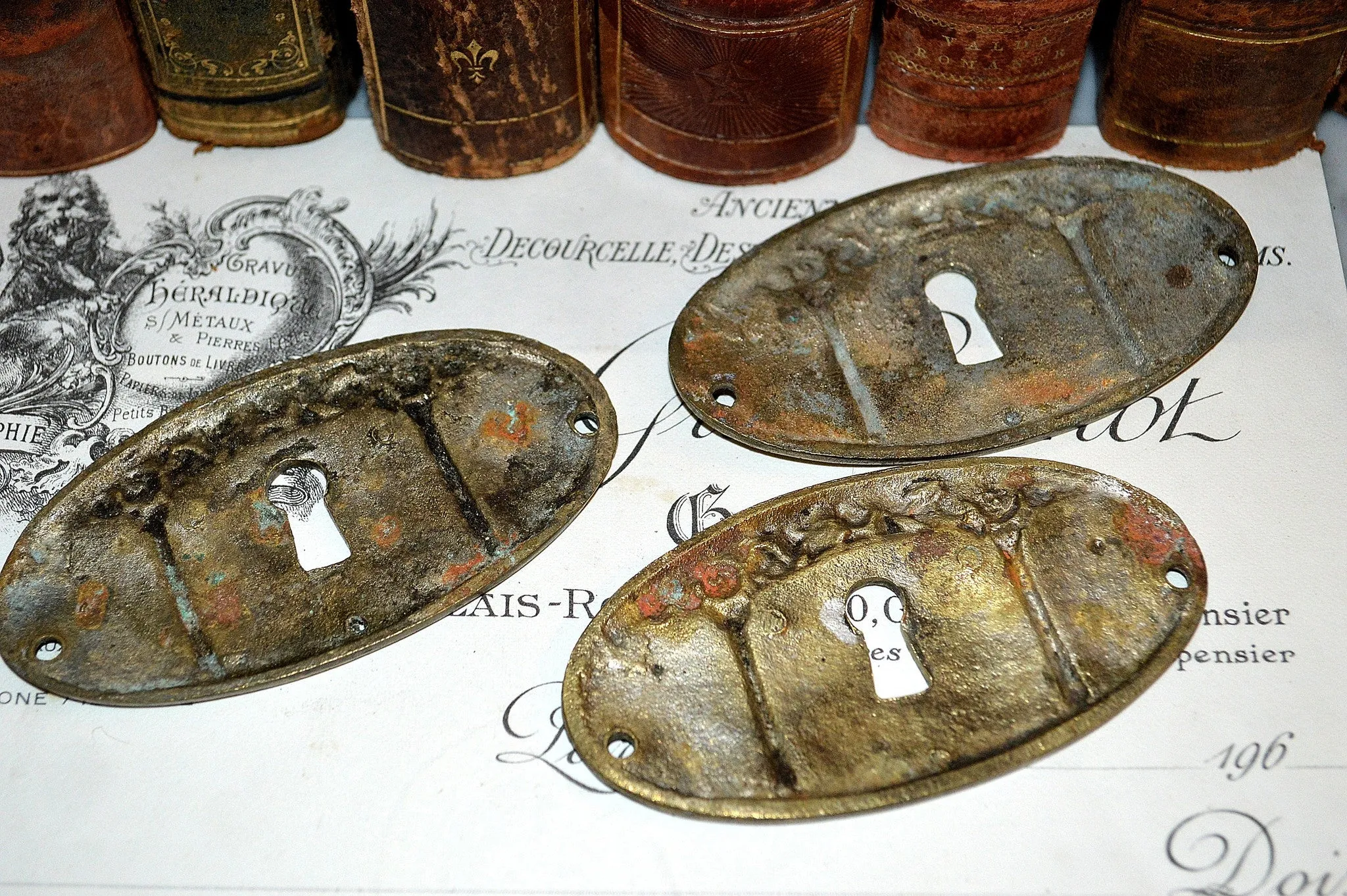 Antique French Keyhole Escutcheon Plate Brass Floral Hardware Sold Individually
