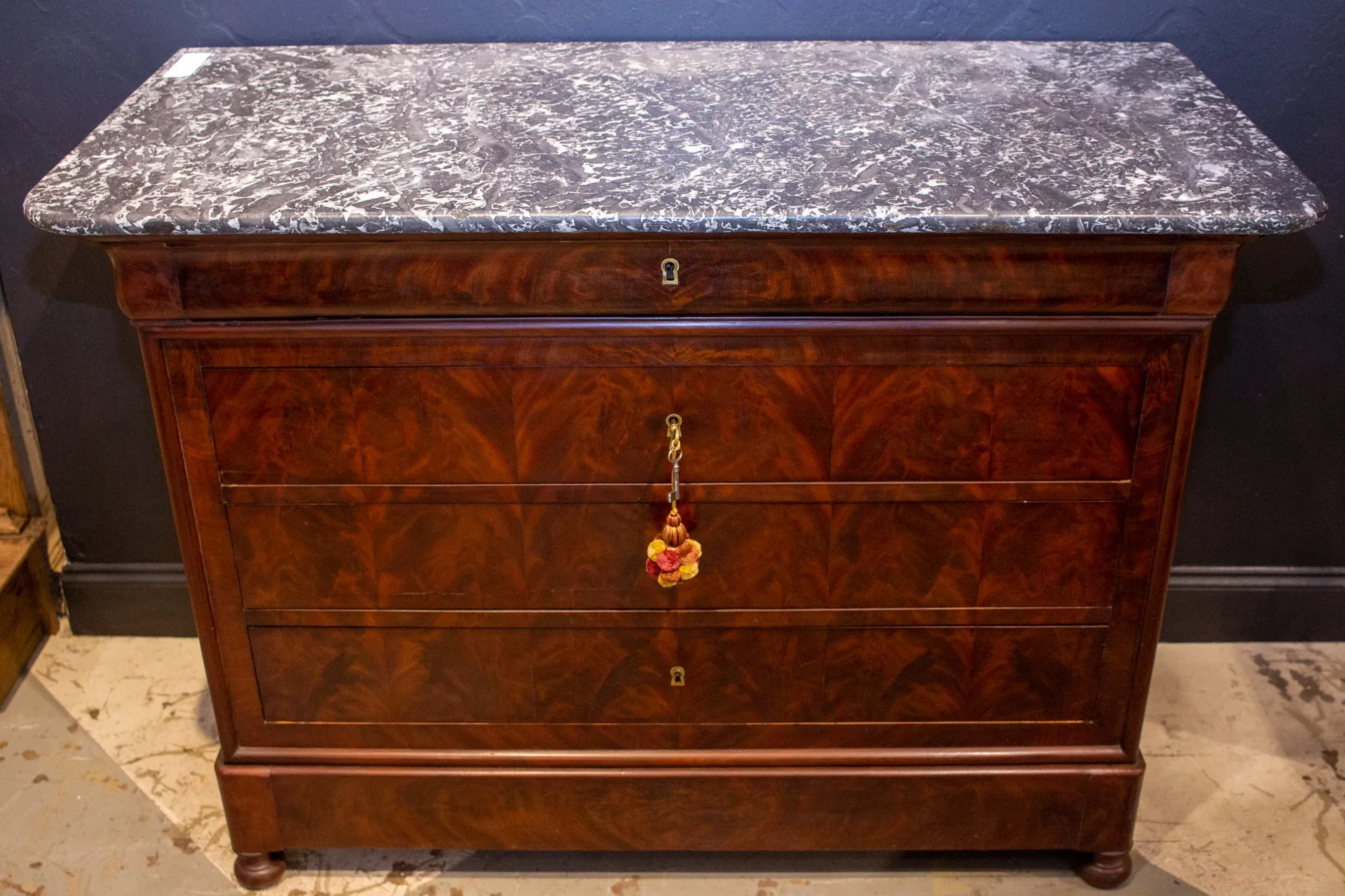Antique French Louis Philippe Mahogany Veneer Commode with Marble Top