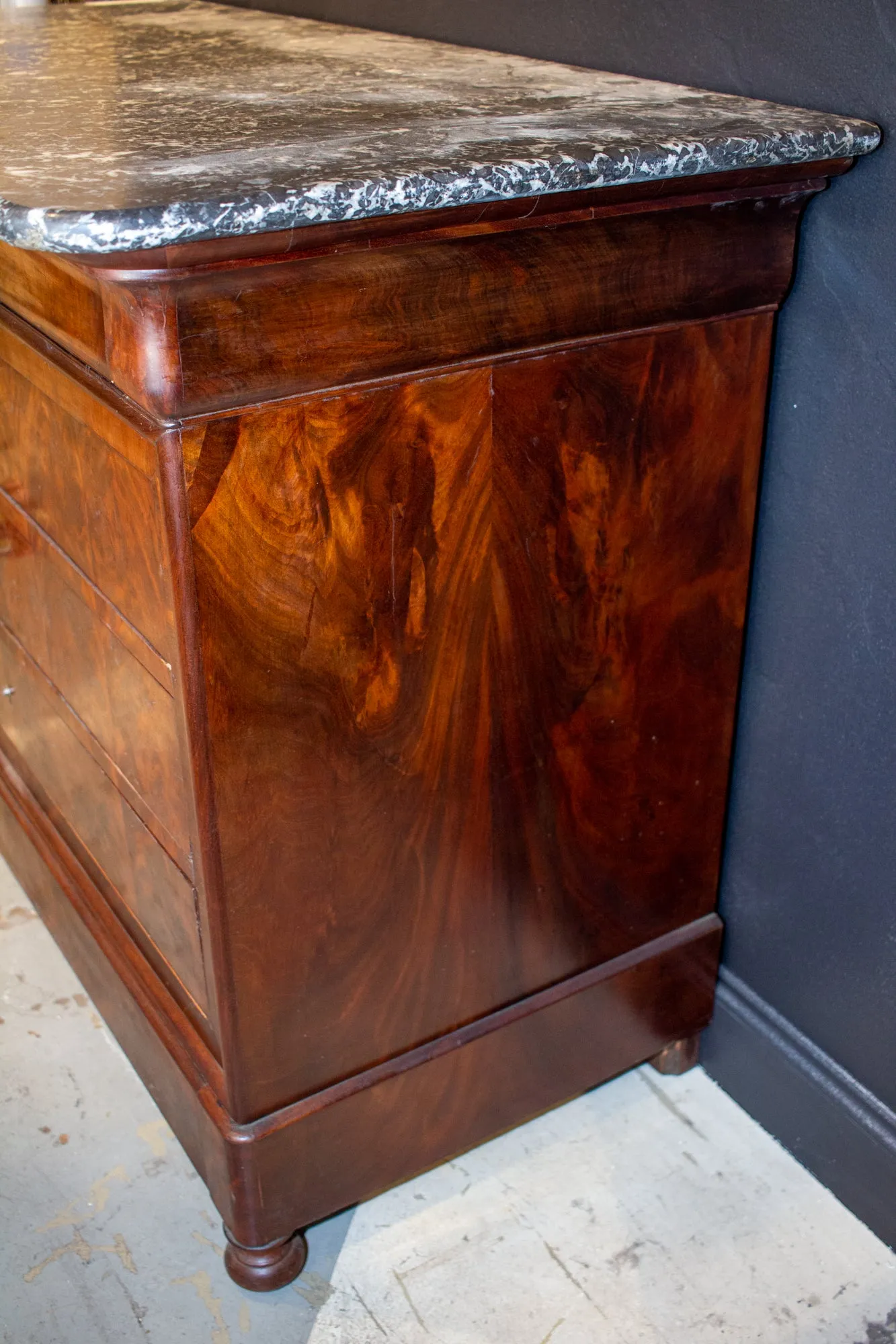 Antique French Louis Philippe Mahogany Veneer Commode with Marble Top