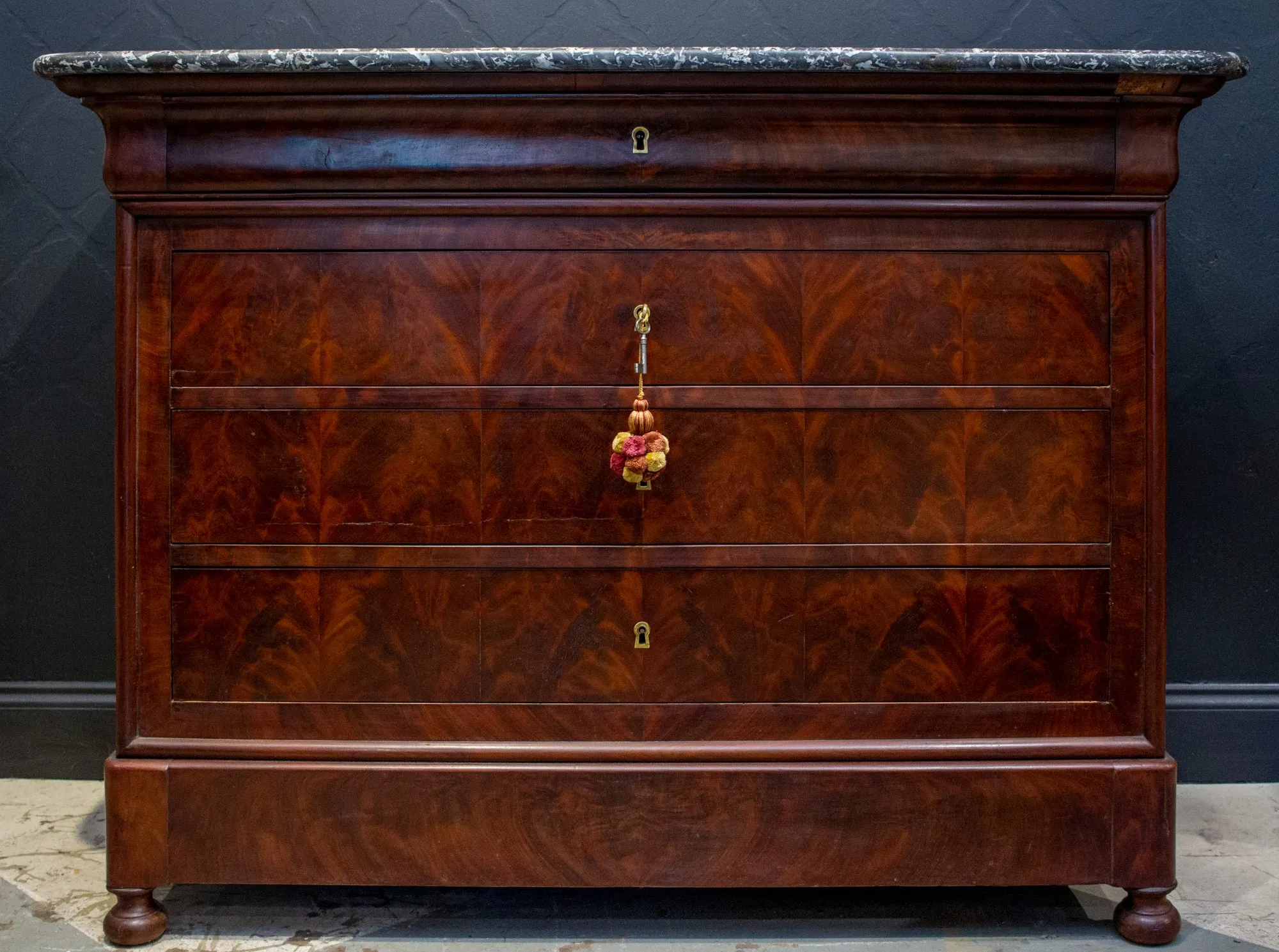 Antique French Louis Philippe Mahogany Veneer Commode with Marble Top