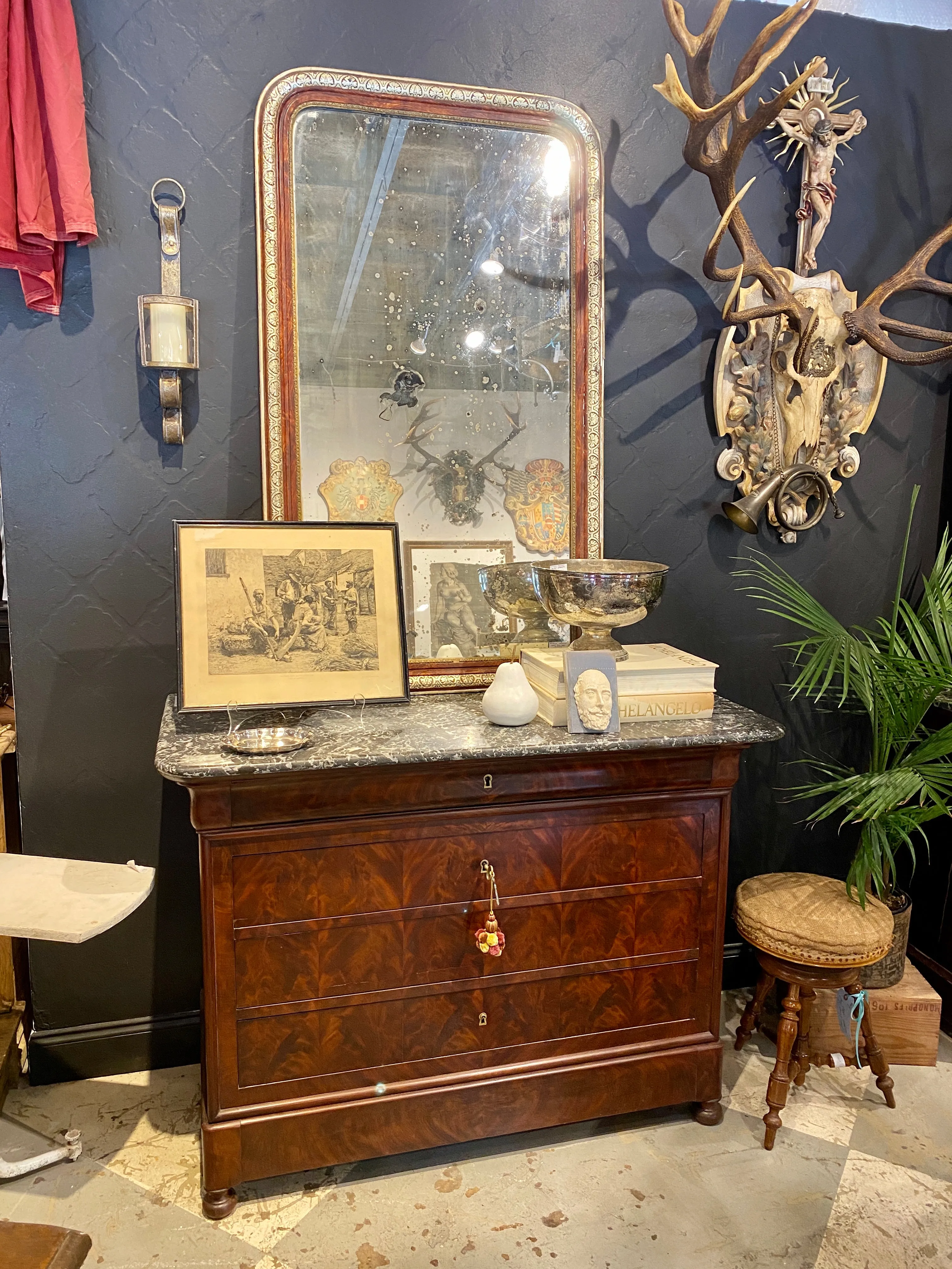 Antique French Louis Philippe Mahogany Veneer Commode with Marble Top