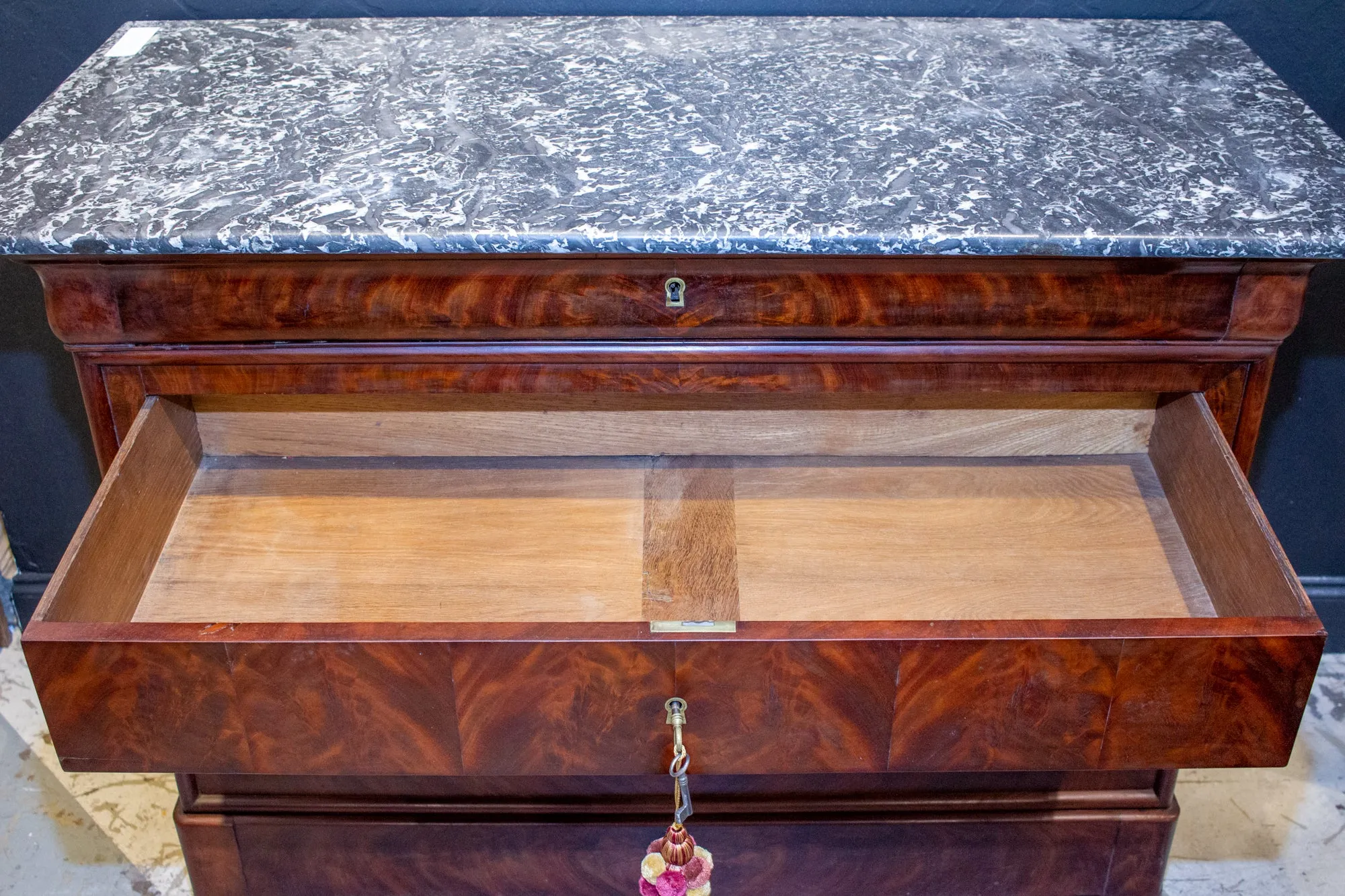Antique French Louis Philippe Mahogany Veneer Commode with Marble Top