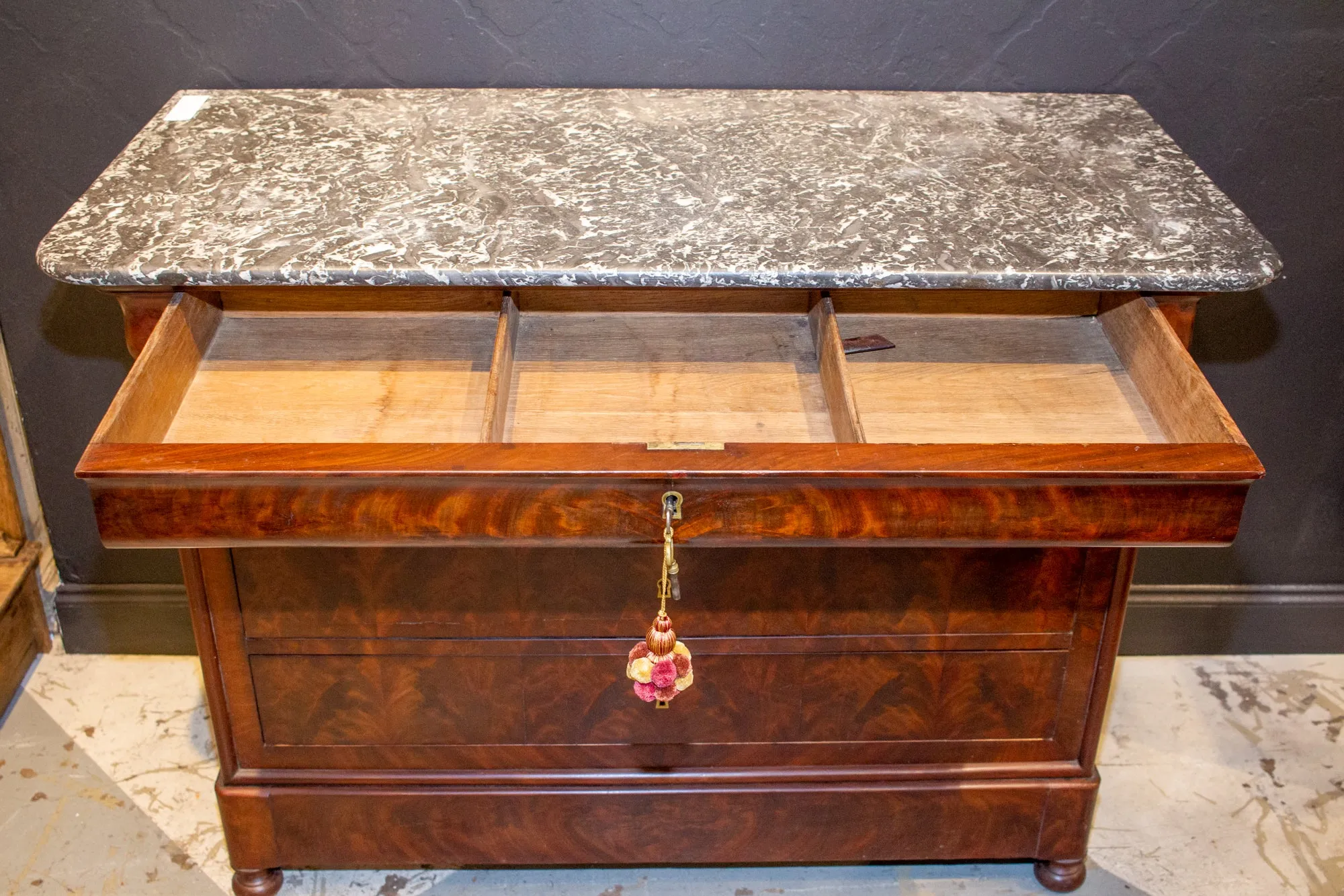 Antique French Louis Philippe Mahogany Veneer Commode with Marble Top