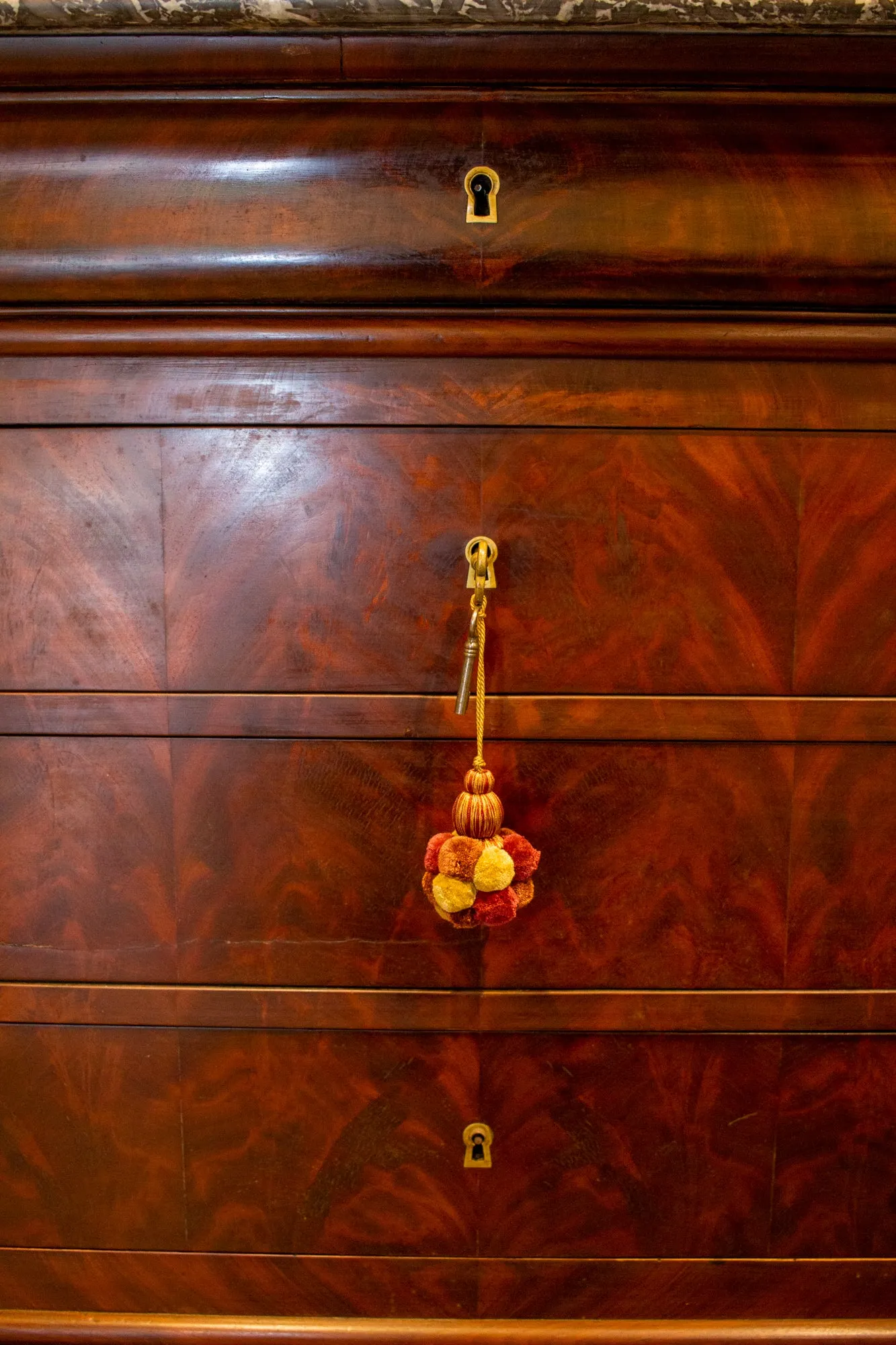 Antique French Louis Philippe Mahogany Veneer Commode with Marble Top