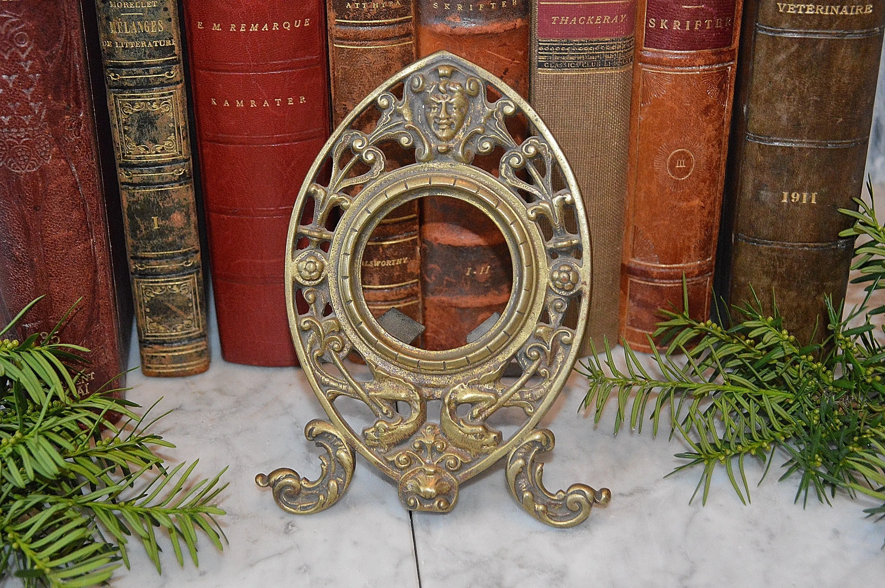 Antique French Pocket Watch Clock Stand Frame Holder Brass Figural