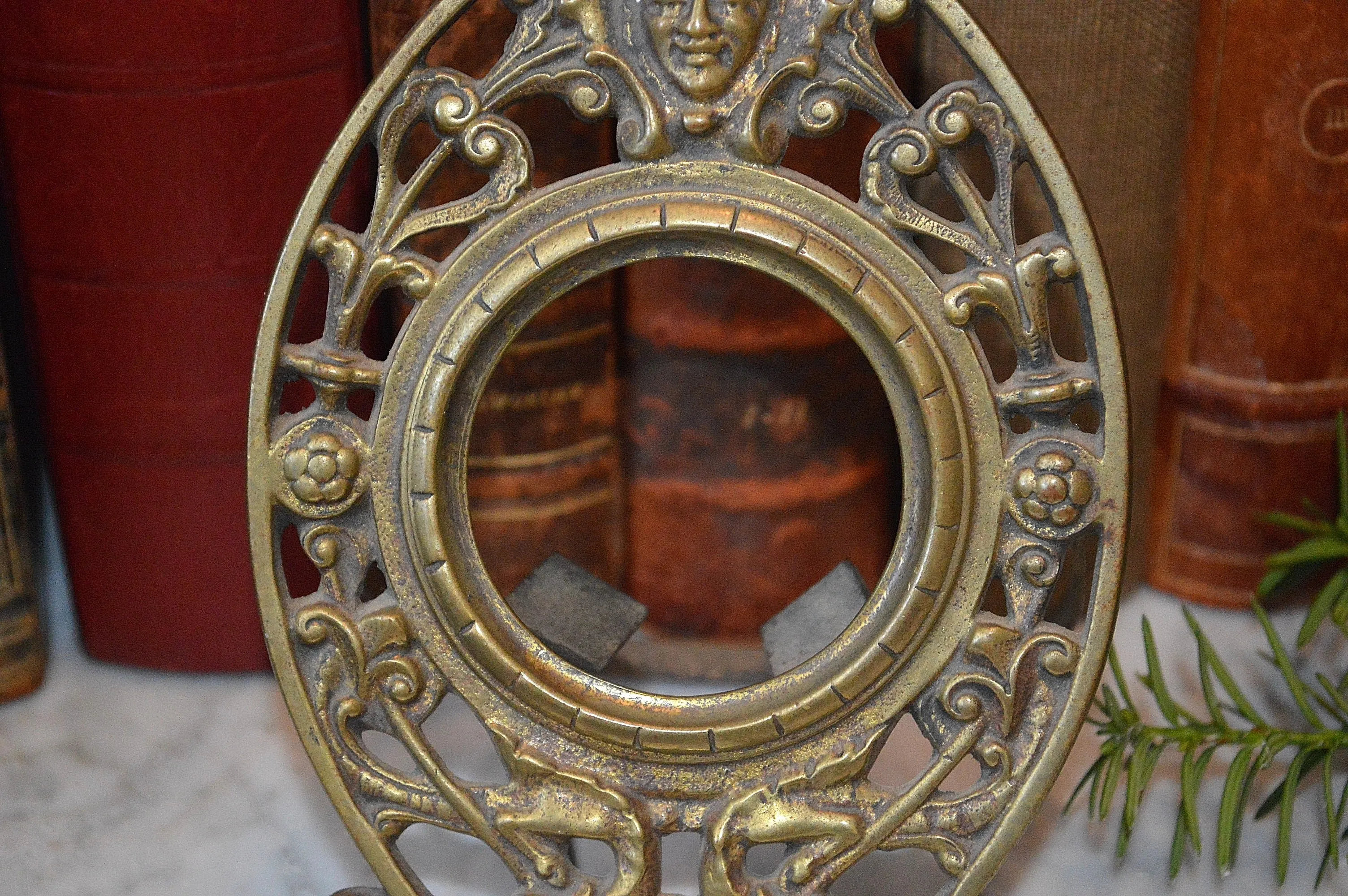 Antique French Pocket Watch Clock Stand Frame Holder Brass Figural