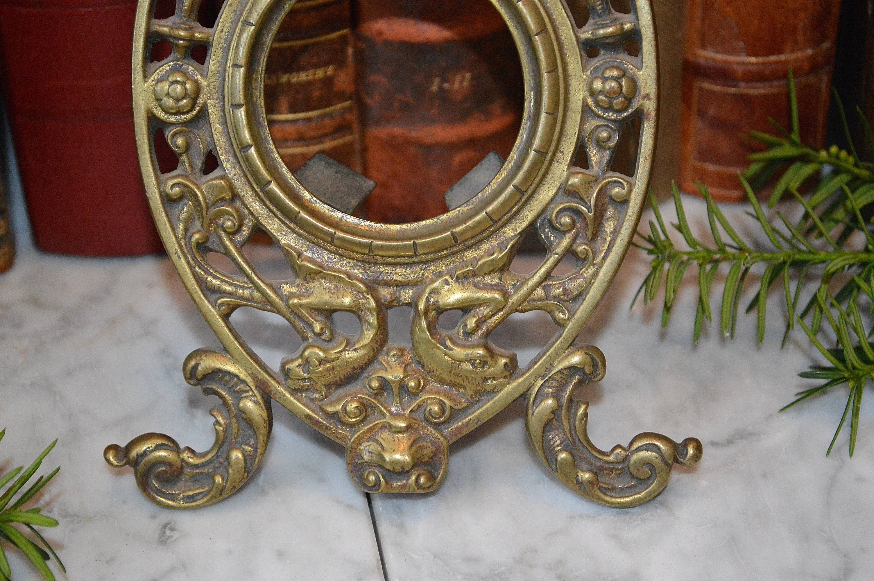 Antique French Pocket Watch Clock Stand Frame Holder Brass Figural