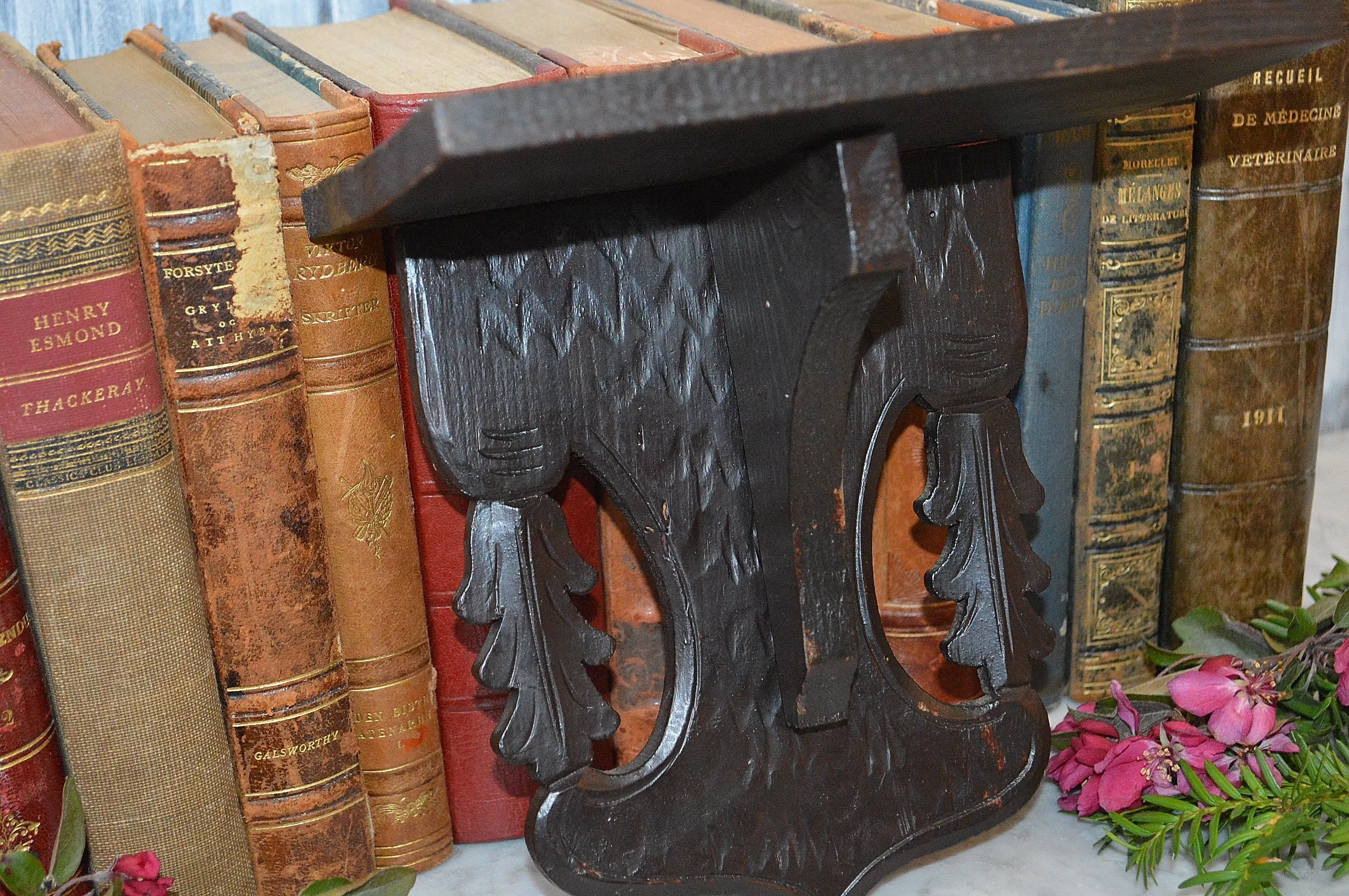 Antique German Display Shelf Black Forest Carved Wood Wall Bracket