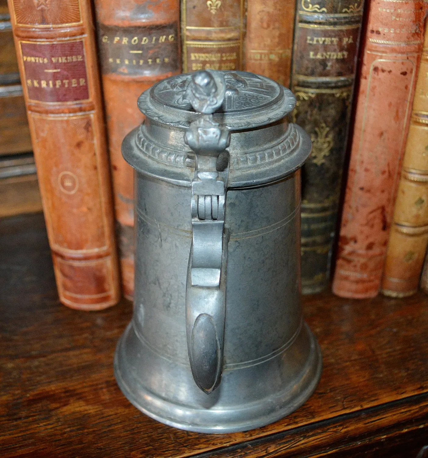 Antique German Pewter Stein Lidded With Relief Design & Figural Handle