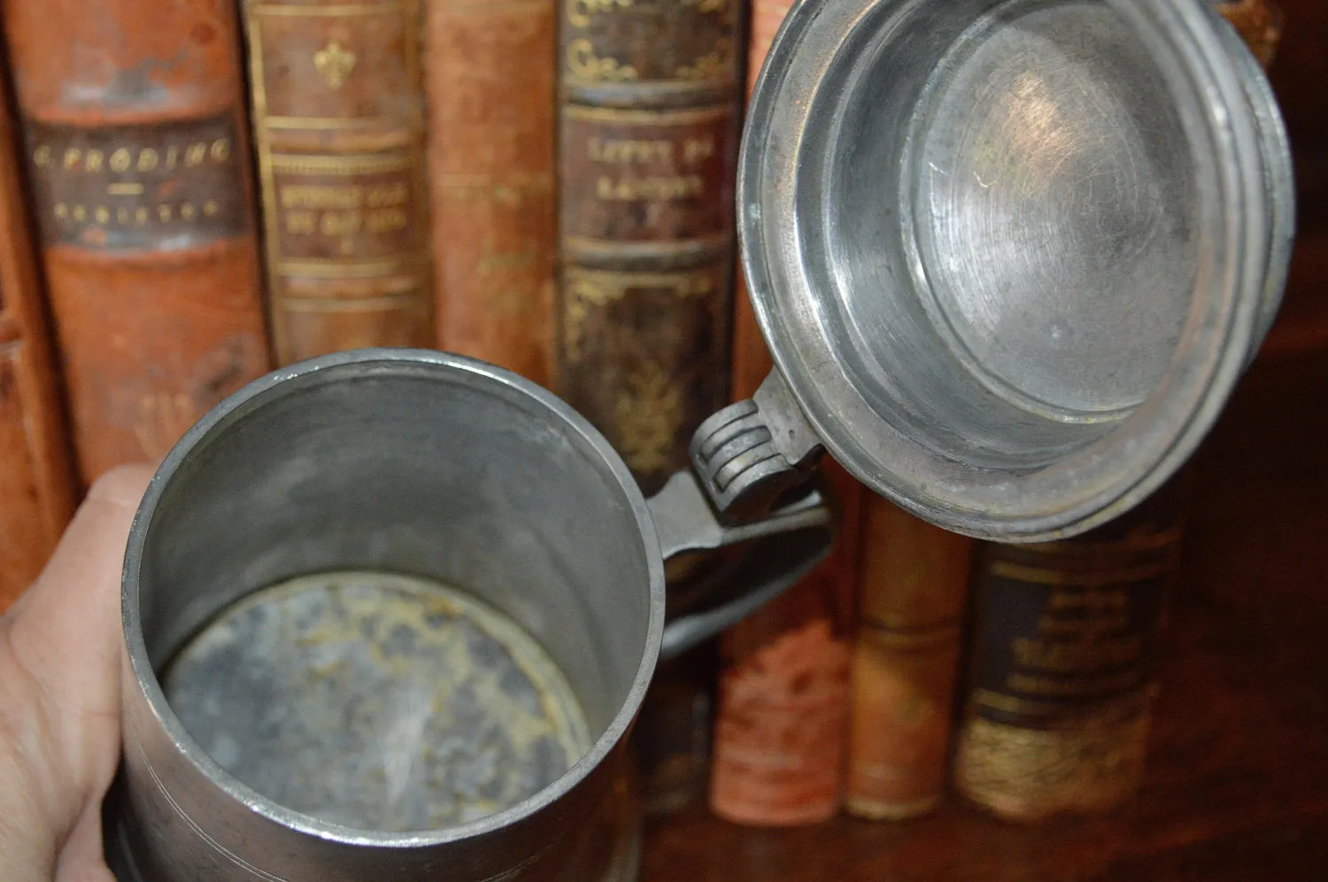 Antique German Pewter Stein Lidded With Relief Design & Figural Handle
