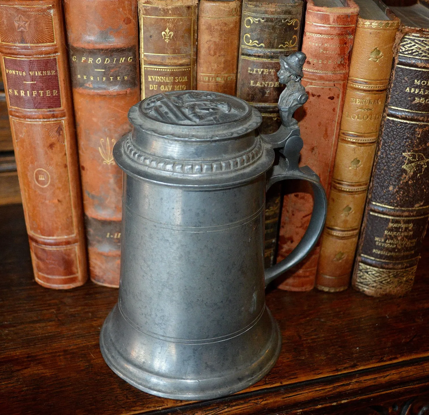 Antique German Pewter Stein Lidded With Relief Design & Figural Handle