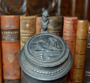 Antique German Pewter Stein Lidded With Relief Design & Figural Handle