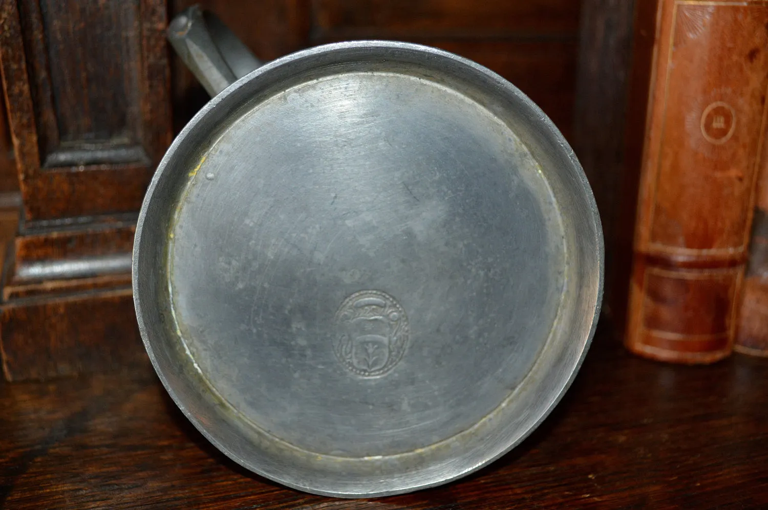 Antique German Pewter Stein Lidded With Relief Design & Figural Handle