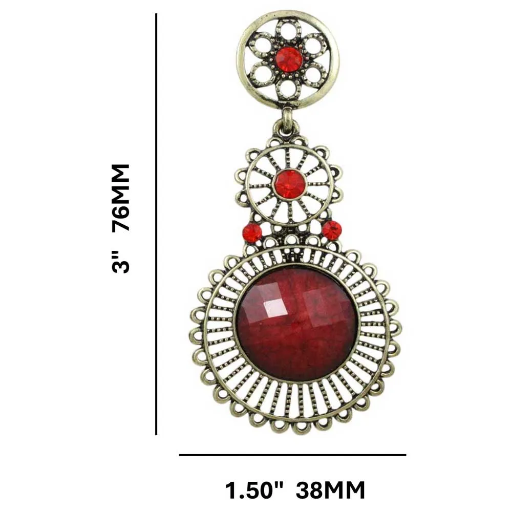 Antique Gold 3 Red Dangling Filigree Discs Pierced Earring - REC563