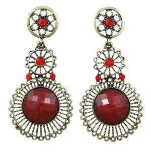 Antique Gold 3 Red Dangling Filigree Discs Pierced Earring - REC563