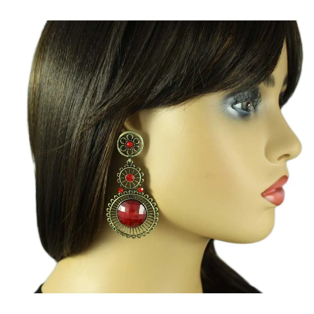 Antique Gold 3 Red Dangling Filigree Discs Pierced Earring - REC563