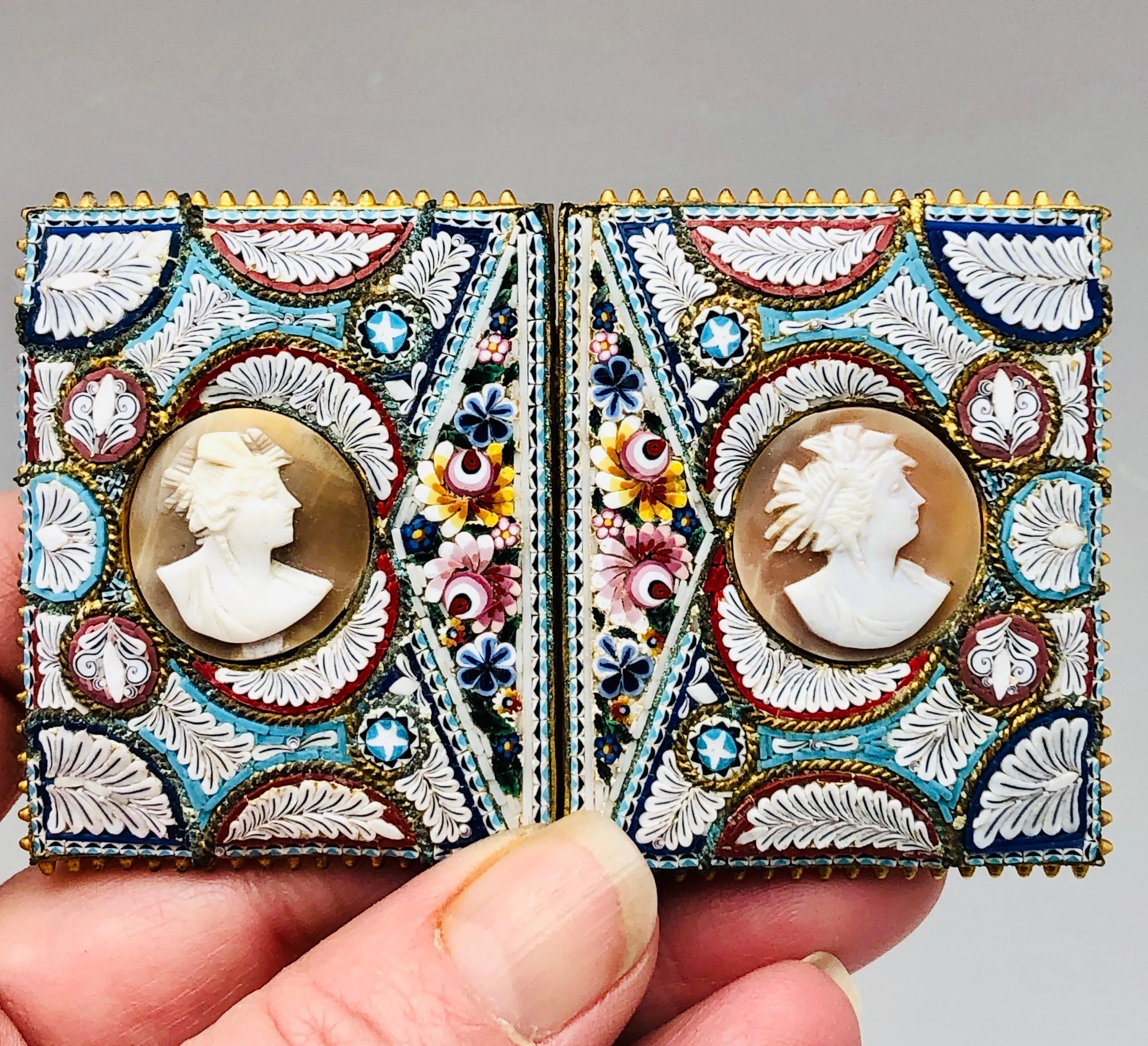 Antique Italian Shell Cameo Micro Mosaic Victorian Belt Buckle