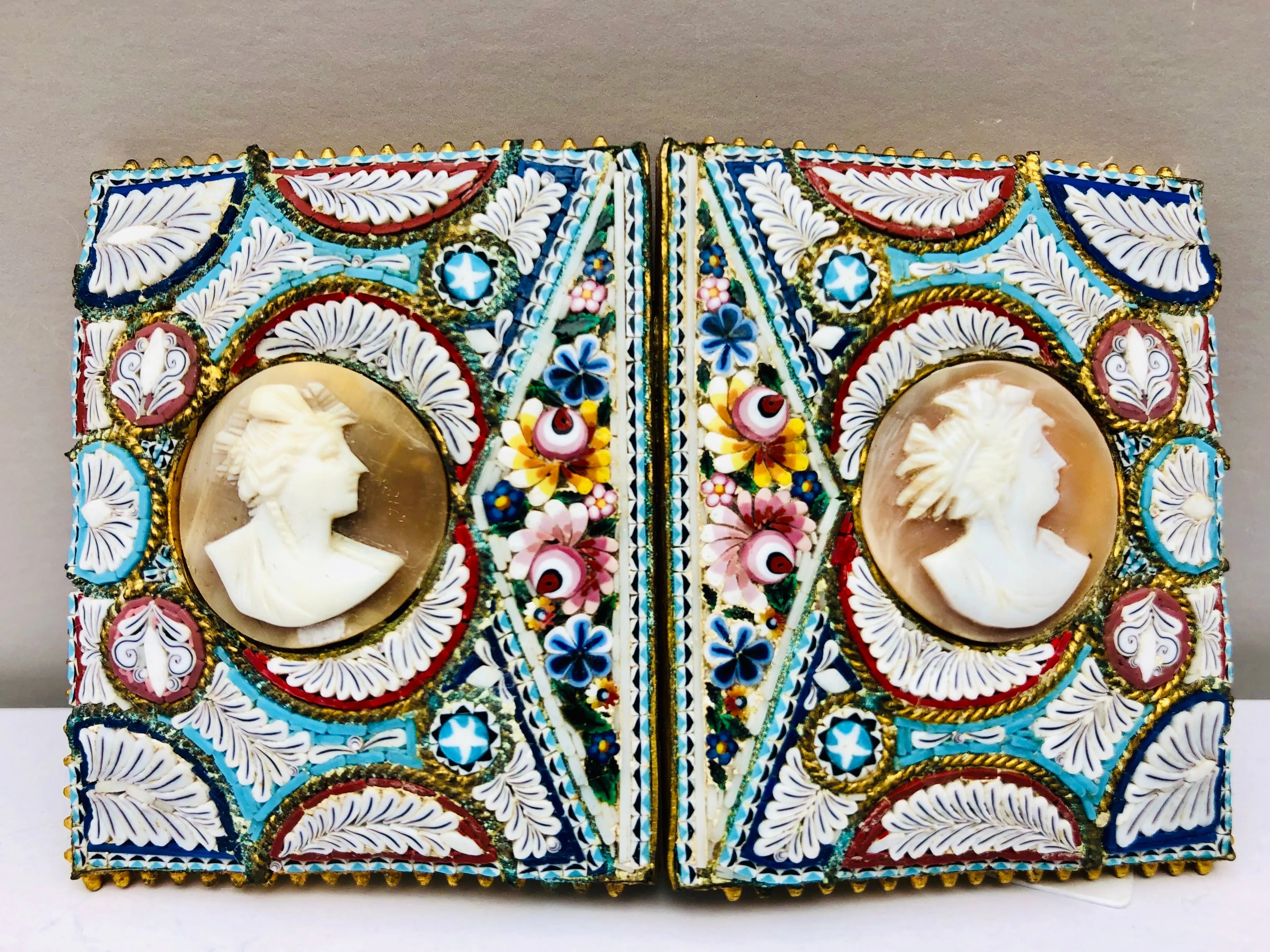 Antique Italian Shell Cameo Micro Mosaic Victorian Belt Buckle