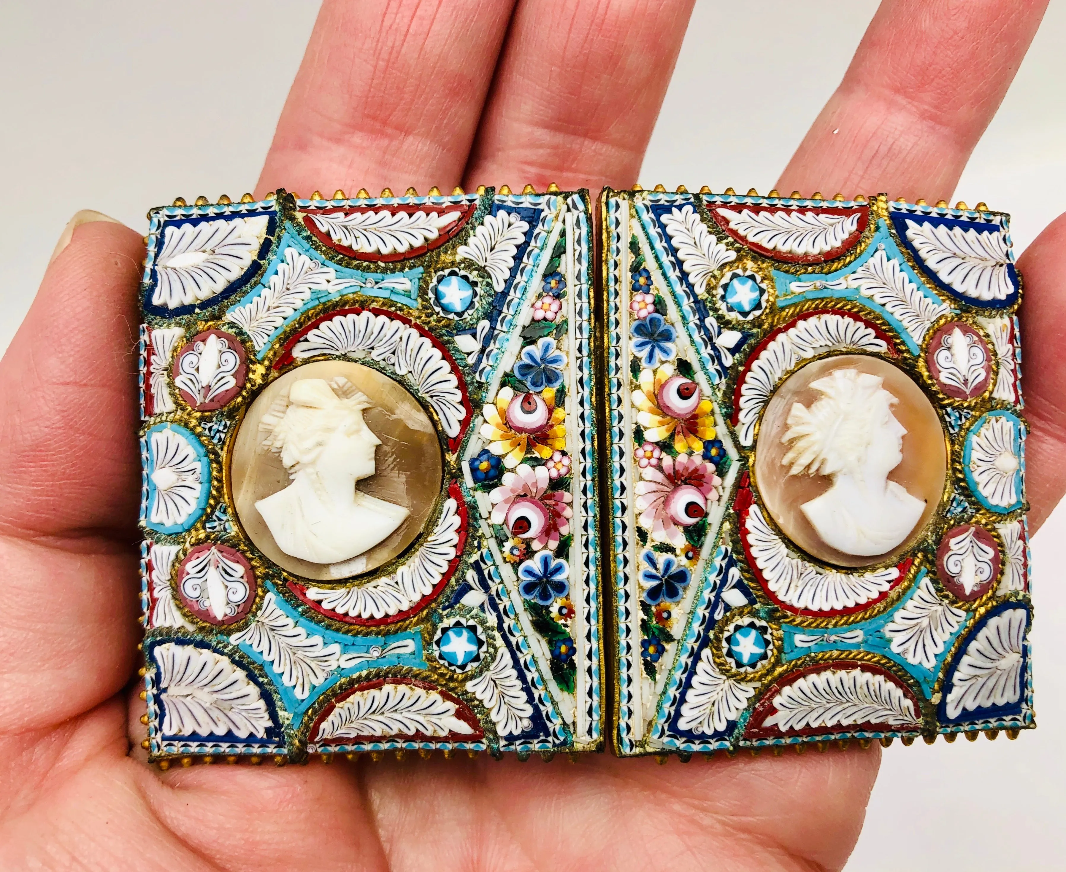 Antique Italian Shell Cameo Micro Mosaic Victorian Belt Buckle