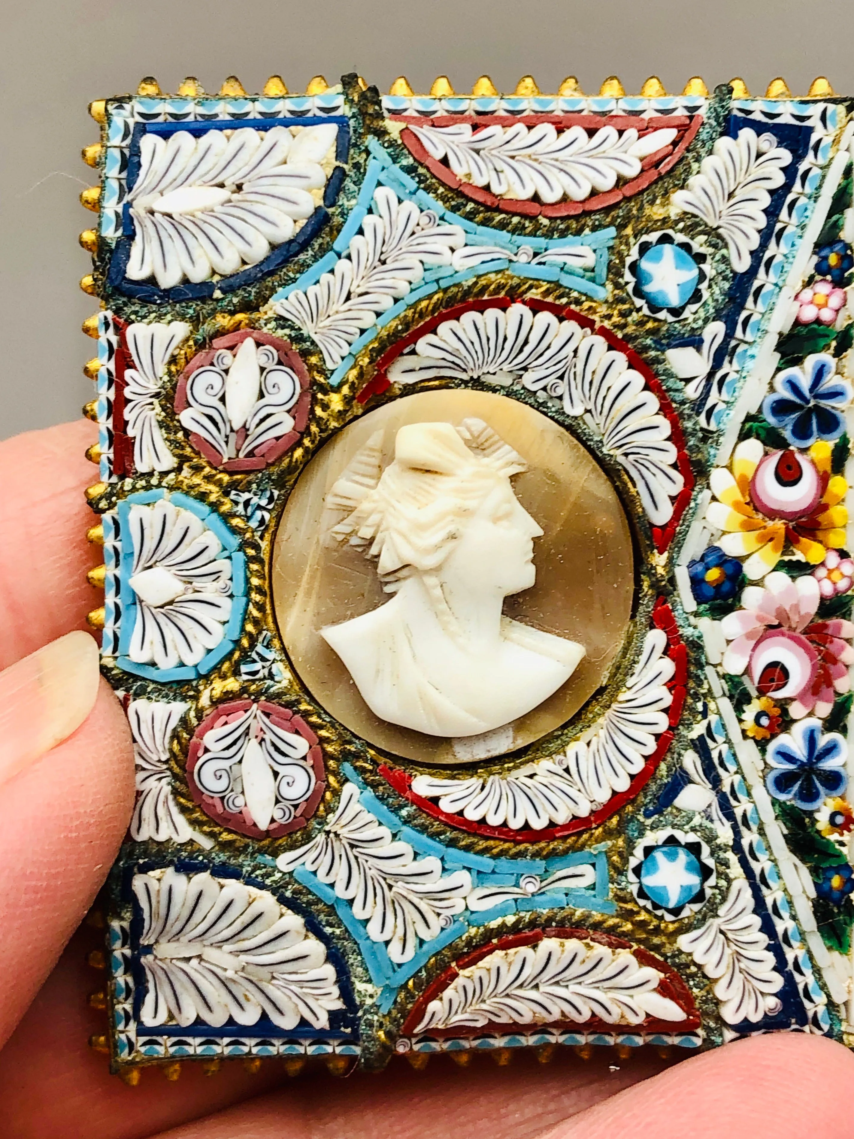 Antique Italian Shell Cameo Micro Mosaic Victorian Belt Buckle