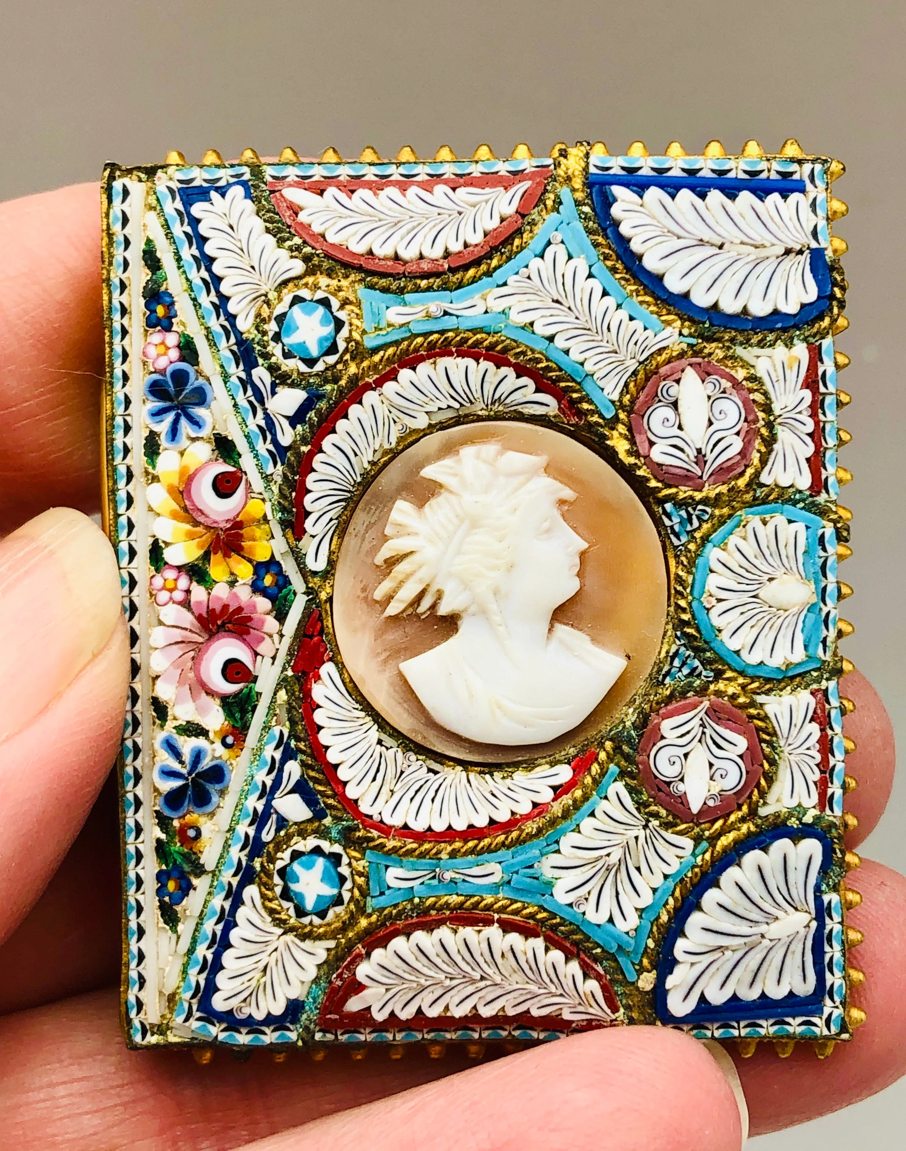 Antique Italian Shell Cameo Micro Mosaic Victorian Belt Buckle