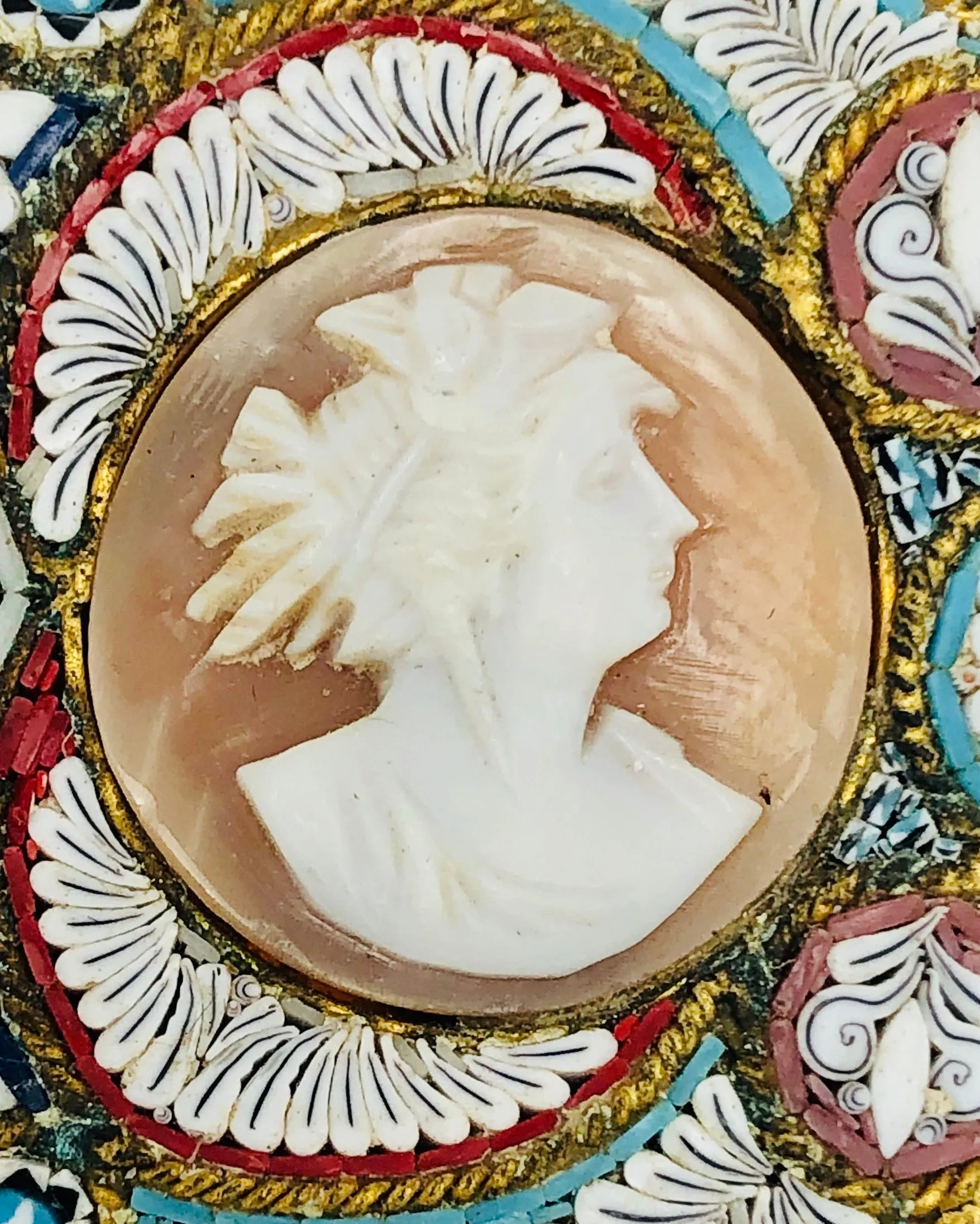 Antique Italian Shell Cameo Micro Mosaic Victorian Belt Buckle